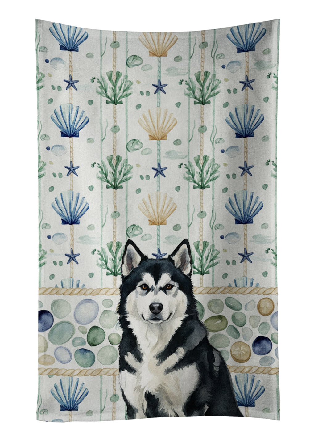 Black and White Alaskan Malamute Coastal Sea Glass Kitchen Towel Velour Plush Front and Cotton Loop Back Machine Washable