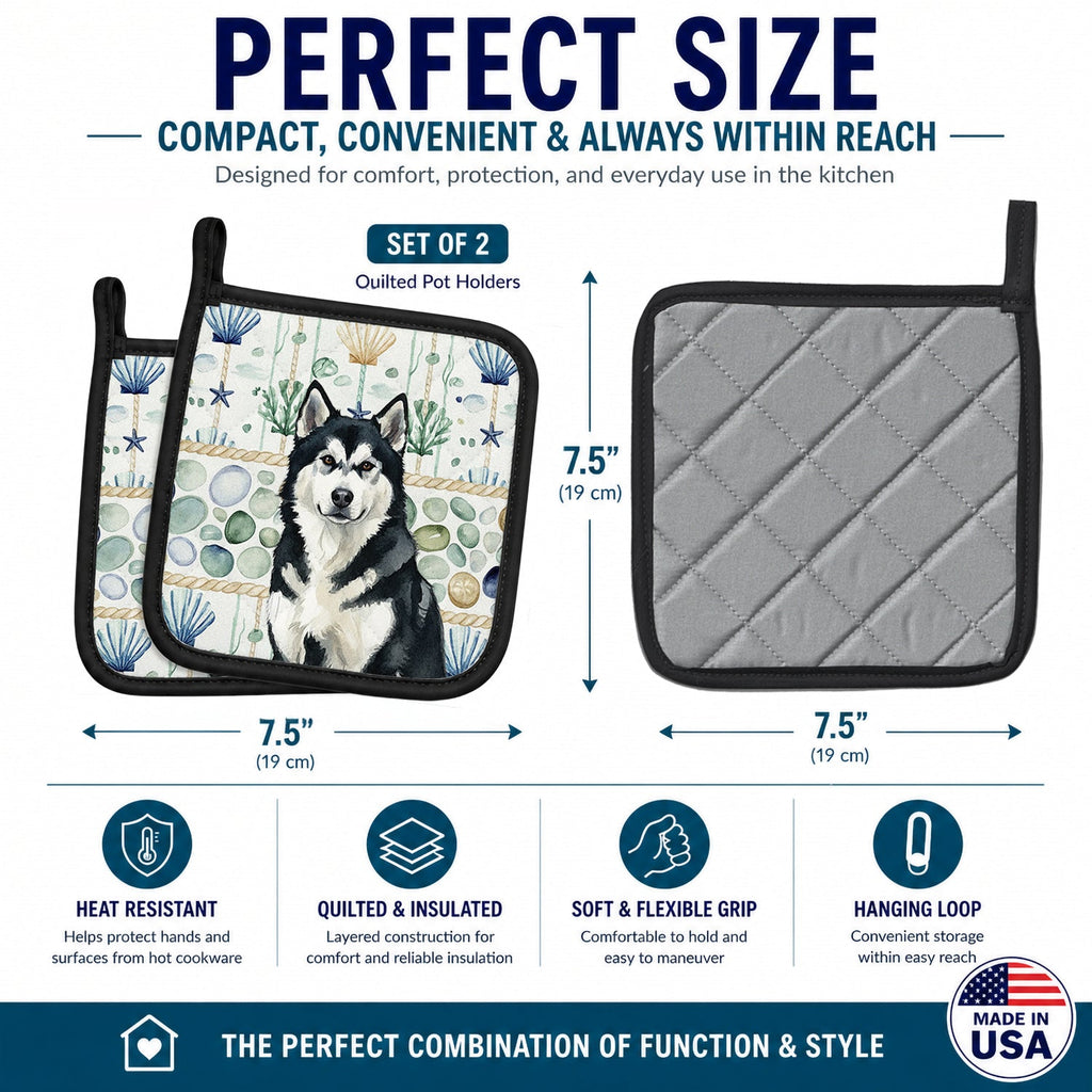 Black and White Alaskan Malamute Coastal Sea Glass Pot Holder Set of 2 Heat Resistant Quilted Hot Pads 7.5 x 7.5 Inch, Insulated Kitchen Trivets for Cooking & Baking