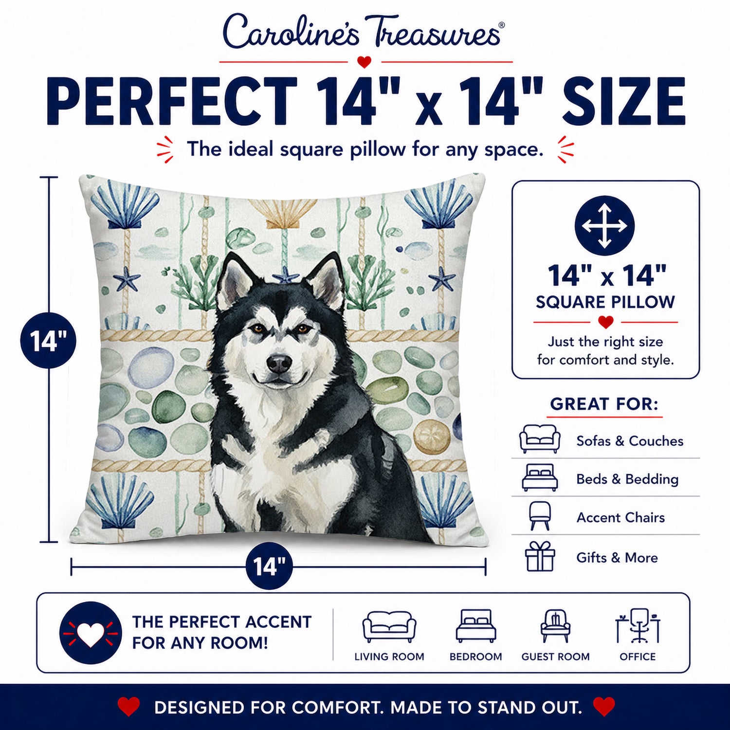 Black and White Alaskan Malamute Coastal Sea Glass Decorative Throw Pillow 14x14 Indoor Outdoor Accent Cushion, Fabric Cover with Insert for Sofa, Bed, Porch & Living Room