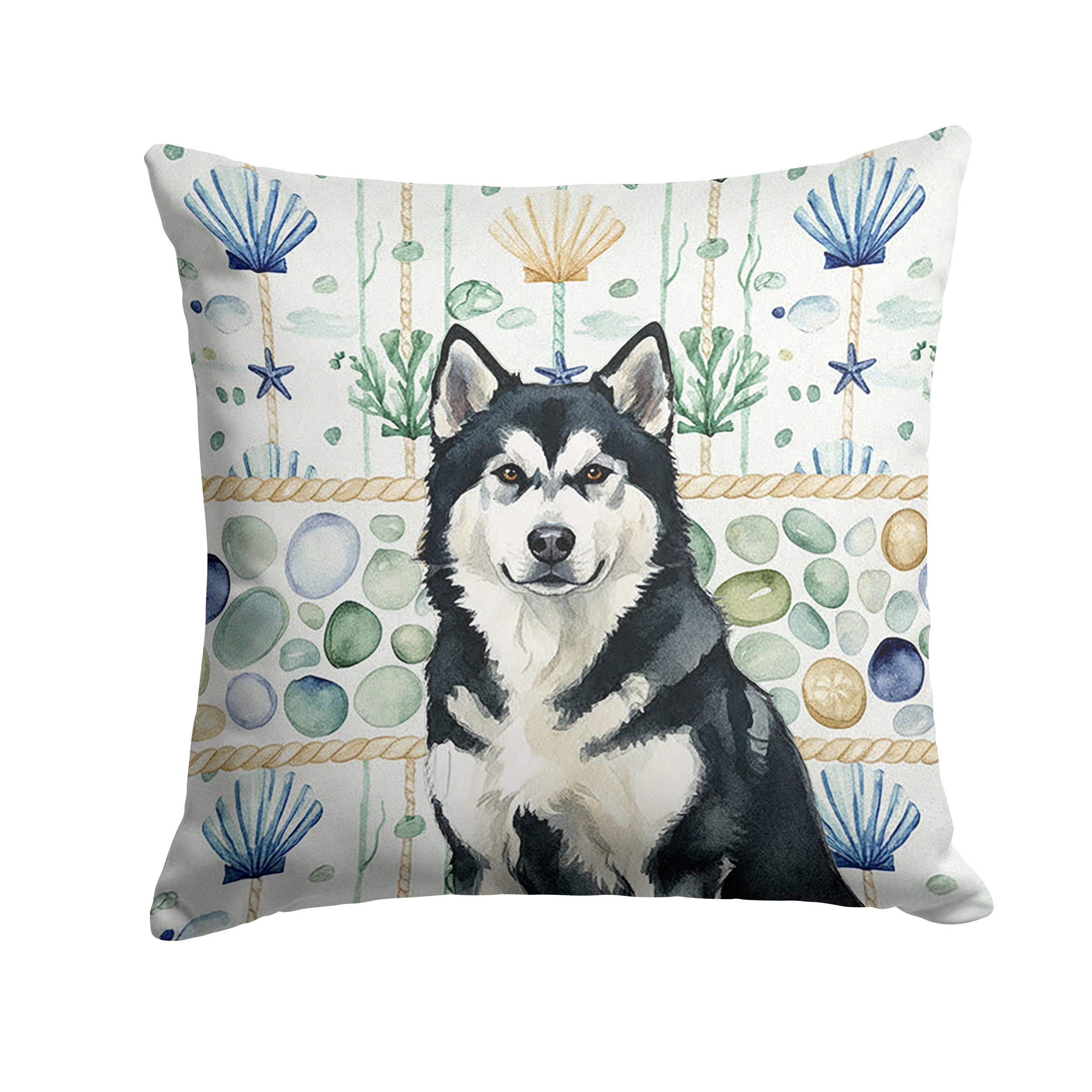 Black and White Alaskan Malamute Coastal Sea Glass Decorative Throw Pillow 14x14 Indoor Outdoor Accent Cushion, Fabric Cover with Insert for Sofa, Bed, Porch & Living Room