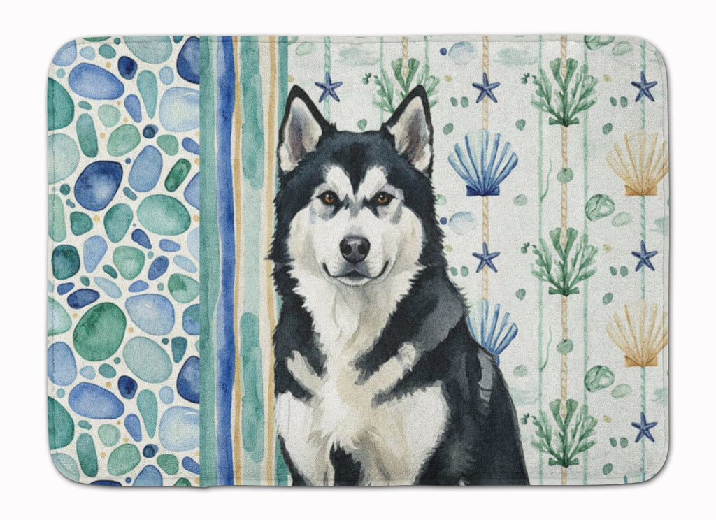 Black and White Alaskan Malamute Coastal Sea Glass Memory Foam Kitchen Mat Machine Washable Anti-Fatigue Cushion Comfort Bath or Kitchen Rug