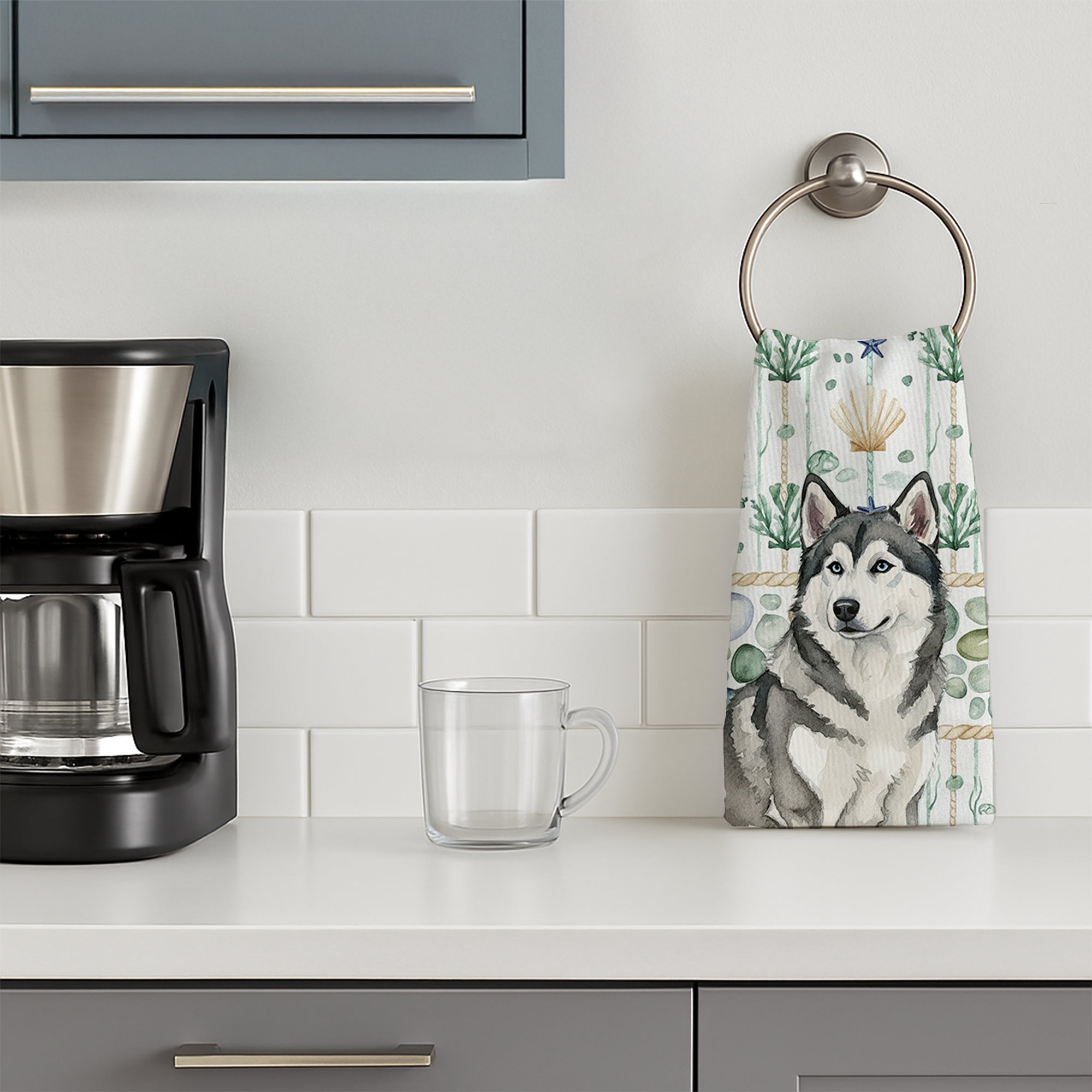 Gray and White Alaskan Malamute Coastal Sea Glass Kitchen Towel Velour Plush Front and Cotton Loop Back Machine Washable