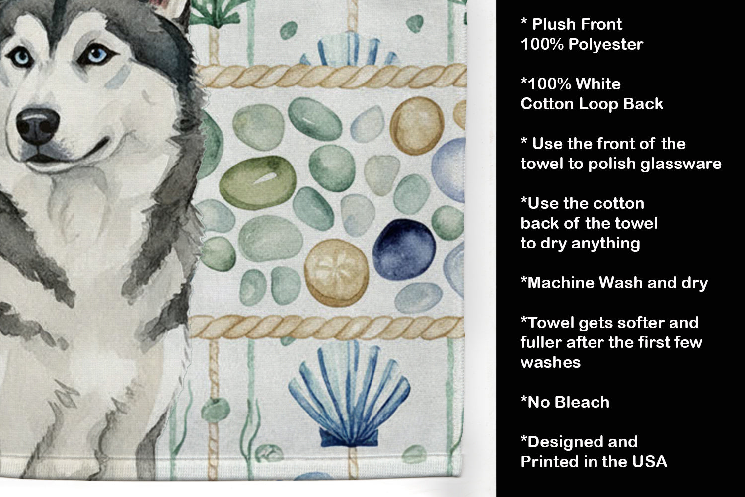 Gray and White Alaskan Malamute Coastal Sea Glass Kitchen Towel Velour Plush Front and Cotton Loop Back Machine Washable