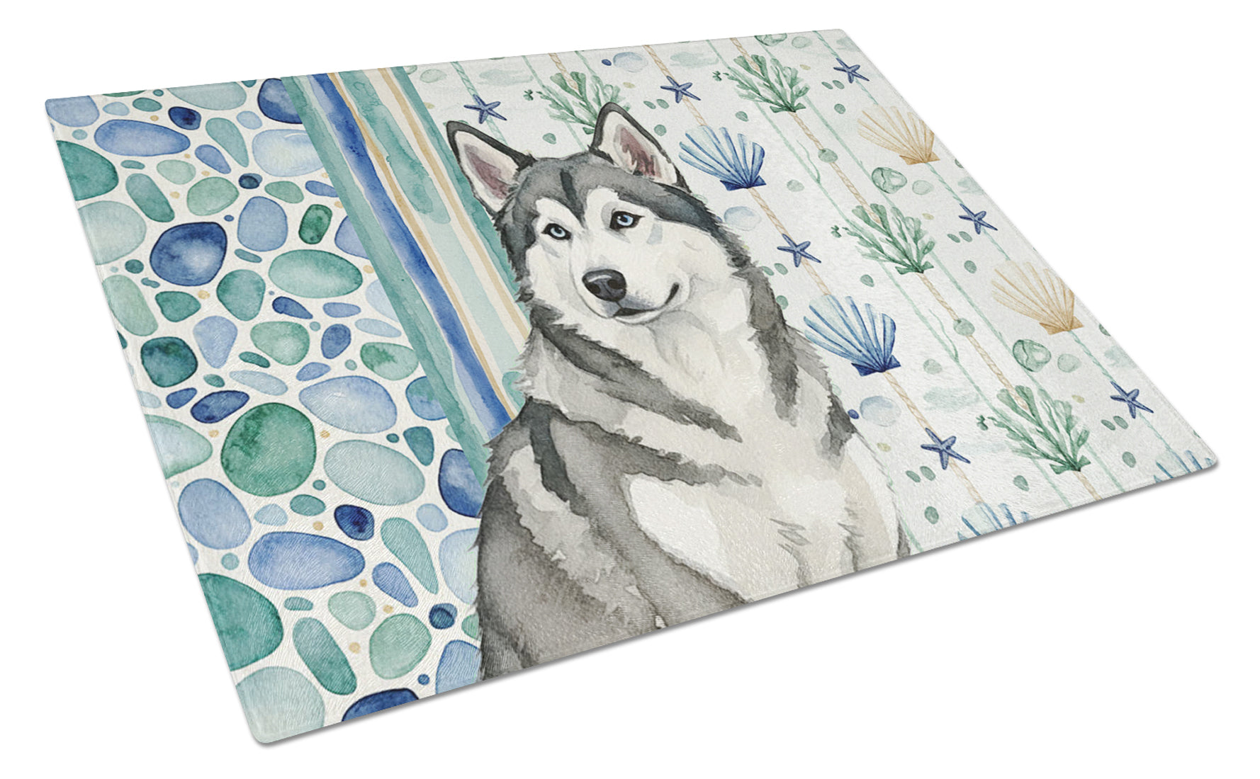Gray and White Alaskan Malamute Coastal Sea Glass Cutting Board Tempered Glass Kitchen Cutting Surface, Heat Resistant Chopping, Non-Slip Feet, Food Prep & Serving