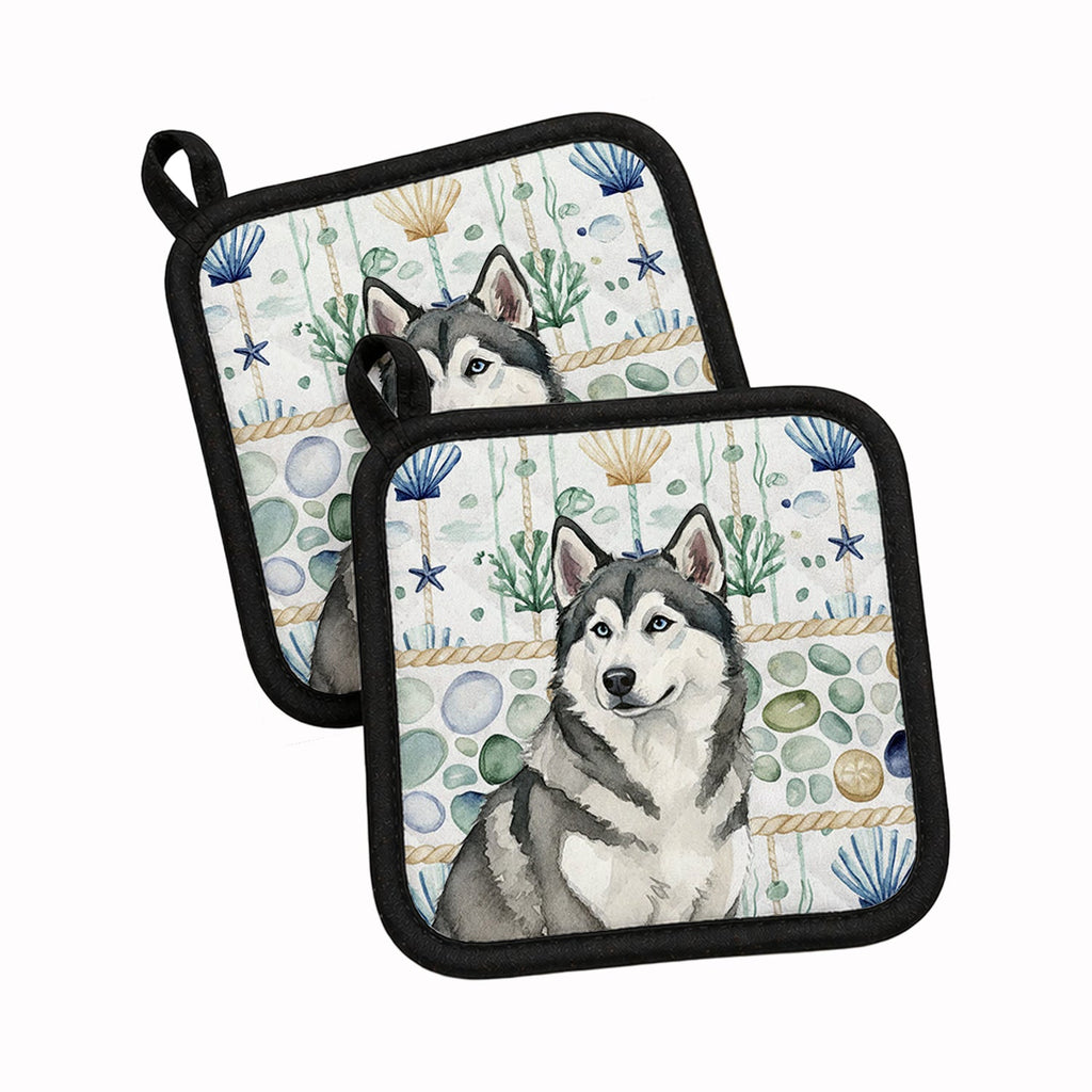 Gray and White Alaskan Malamute Coastal Sea Glass Pot Holder Set of 2 Heat Resistant Quilted Hot Pads 7.5 x 7.5 Inch, Insulated Kitchen Trivets for Cooking & Baking