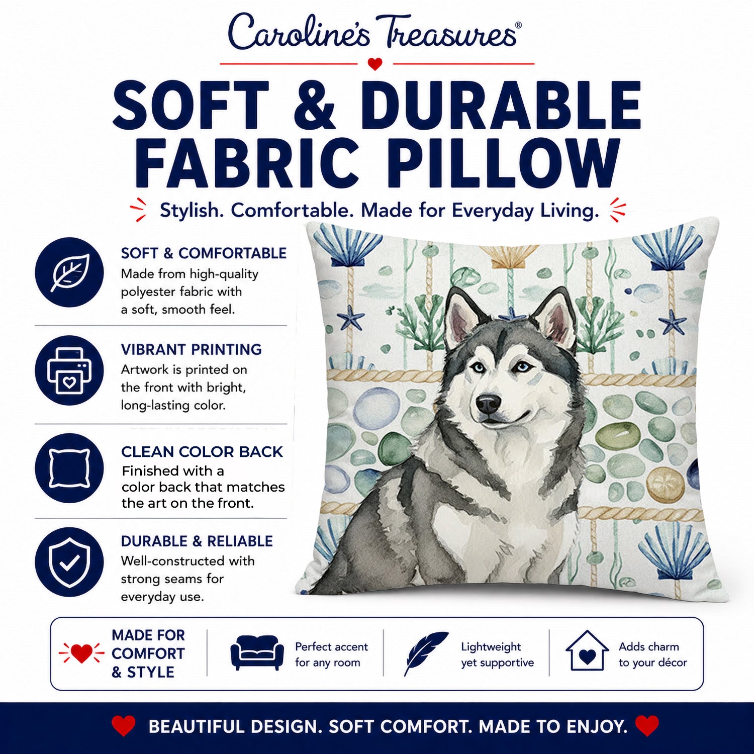 Gray and White Alaskan Malamute Coastal Sea Glass Decorative Throw Pillow 18x18 Indoor Outdoor Accent Cushion, Fabric Cover with Insert for Sofa, Bed, Porch & Living Room
