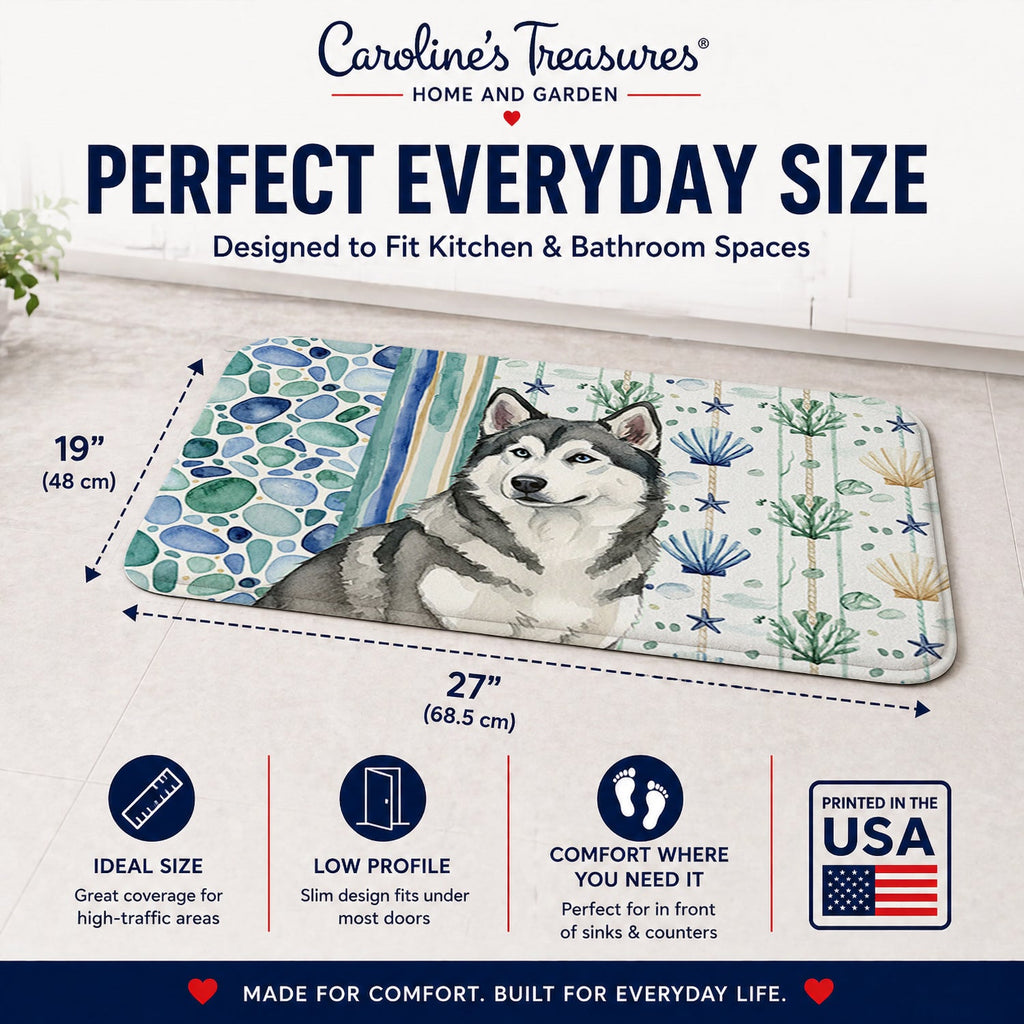 Gray and White Alaskan Malamute Coastal Sea Glass Memory Foam Kitchen Mat Machine Washable Anti-Fatigue Cushion Comfort Bath or Kitchen Rug
