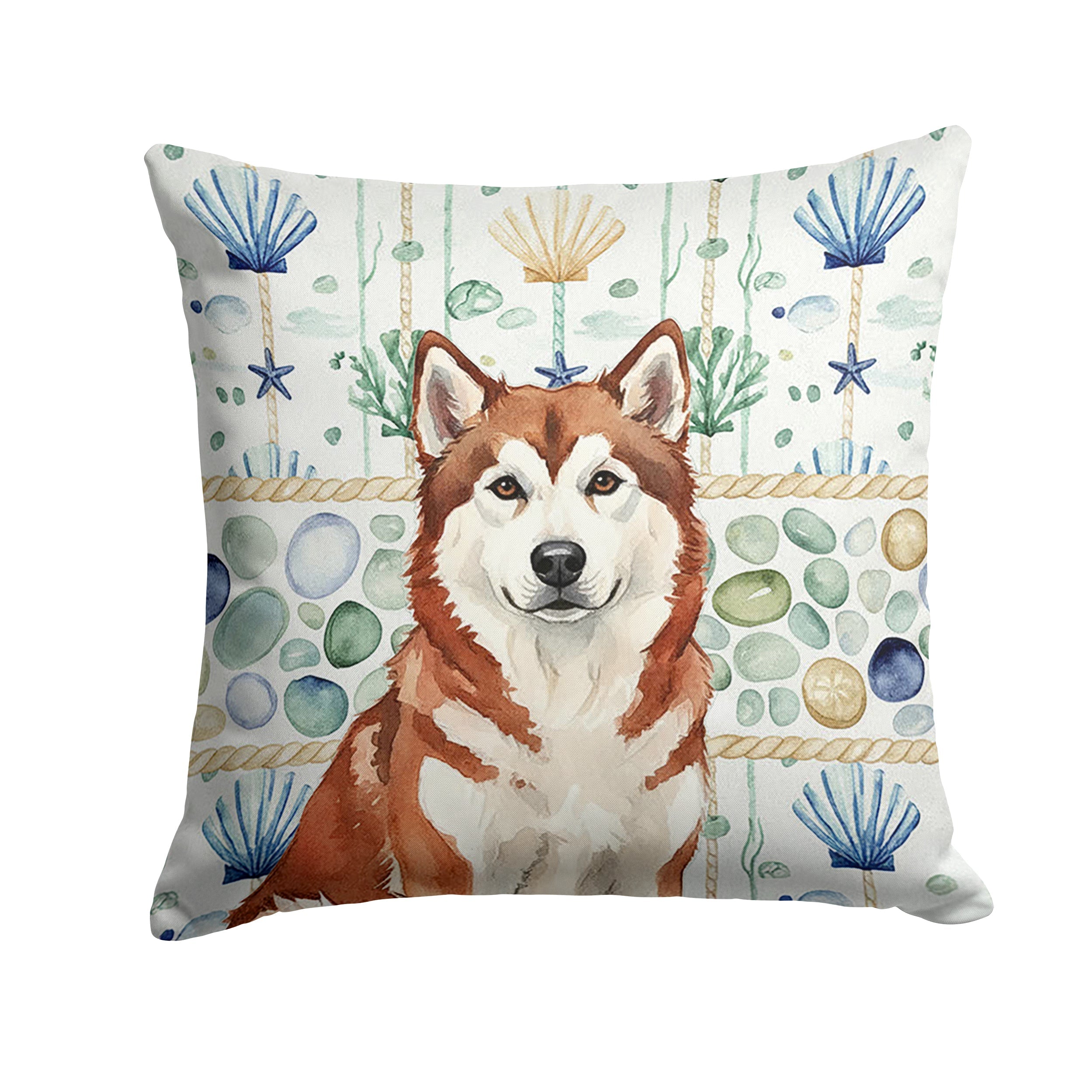 Red and White Alaskan Malamute Coastal Sea Glass Decorative Throw Pillow 18x18 Indoor Outdoor Accent Cushion, Fabric Cover with Insert for Sofa, Bed, Porch & Living Room