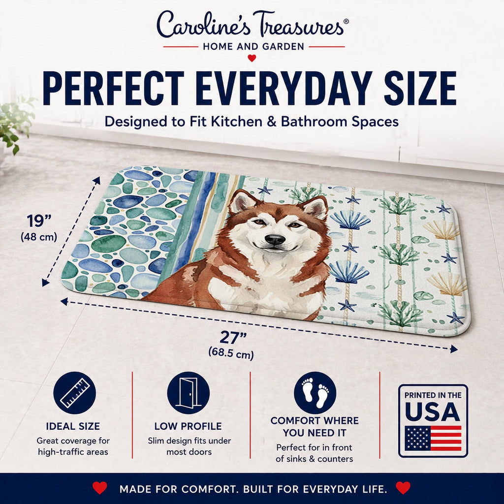 Red and White Alaskan Malamute Coastal Sea Glass Memory Foam Kitchen Mat Machine Washable Anti-Fatigue Cushion Comfort Bath or Kitchen Rug