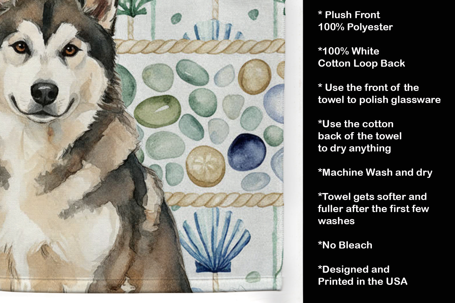 Sable and White Alaskan Malamute Coastal Sea Glass Kitchen Towel Velour Plush Front and Cotton Loop Back Machine Washable