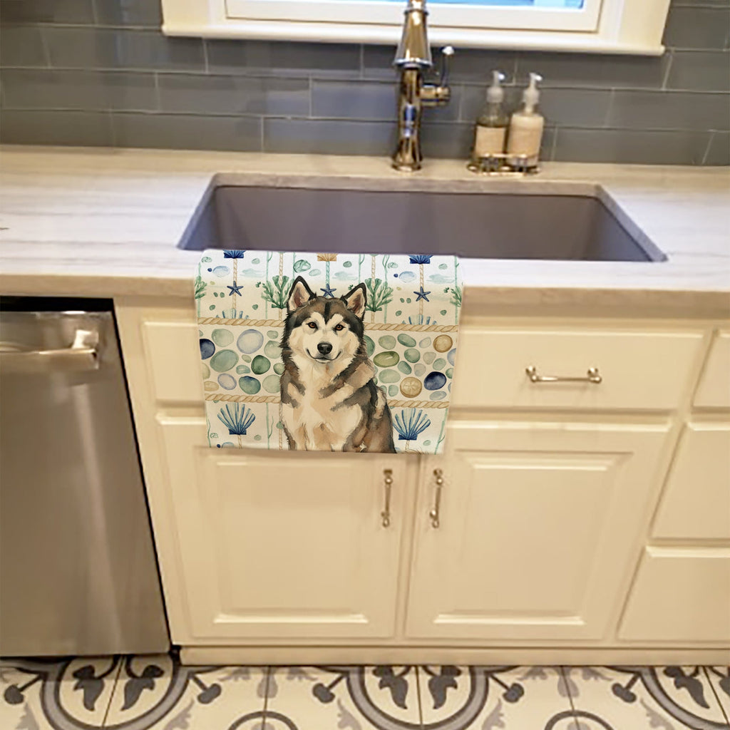 Sable and White Alaskan Malamute Coastal Sea Glass Kitchen Towel Velour Plush Front and Cotton Loop Back Machine Washable