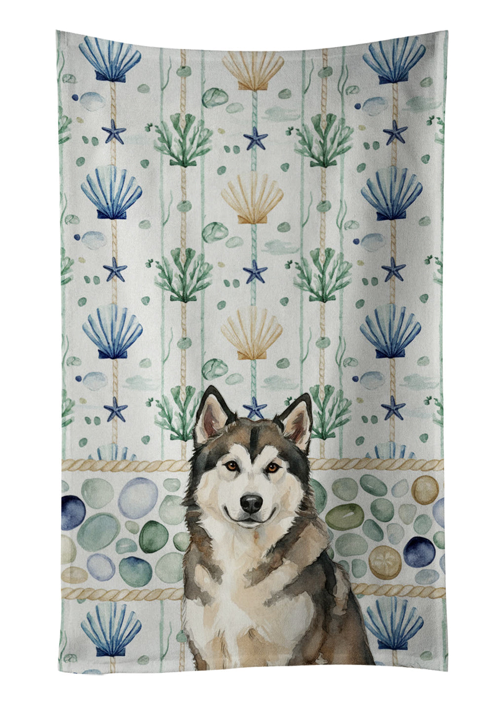 Sable and White Alaskan Malamute Coastal Sea Glass Kitchen Towel Velour Plush Front and Cotton Loop Back Machine Washable