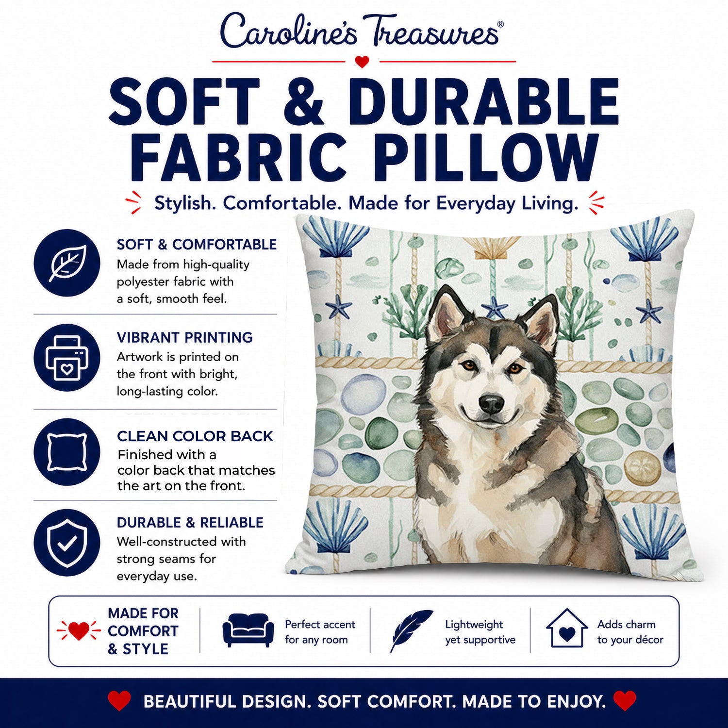 Sable and White Alaskan Malamute Coastal Sea Glass Decorative Throw Pillow 18x18 Indoor Outdoor Accent Cushion, Fabric Cover with Insert for Sofa, Bed, Porch & Living Room