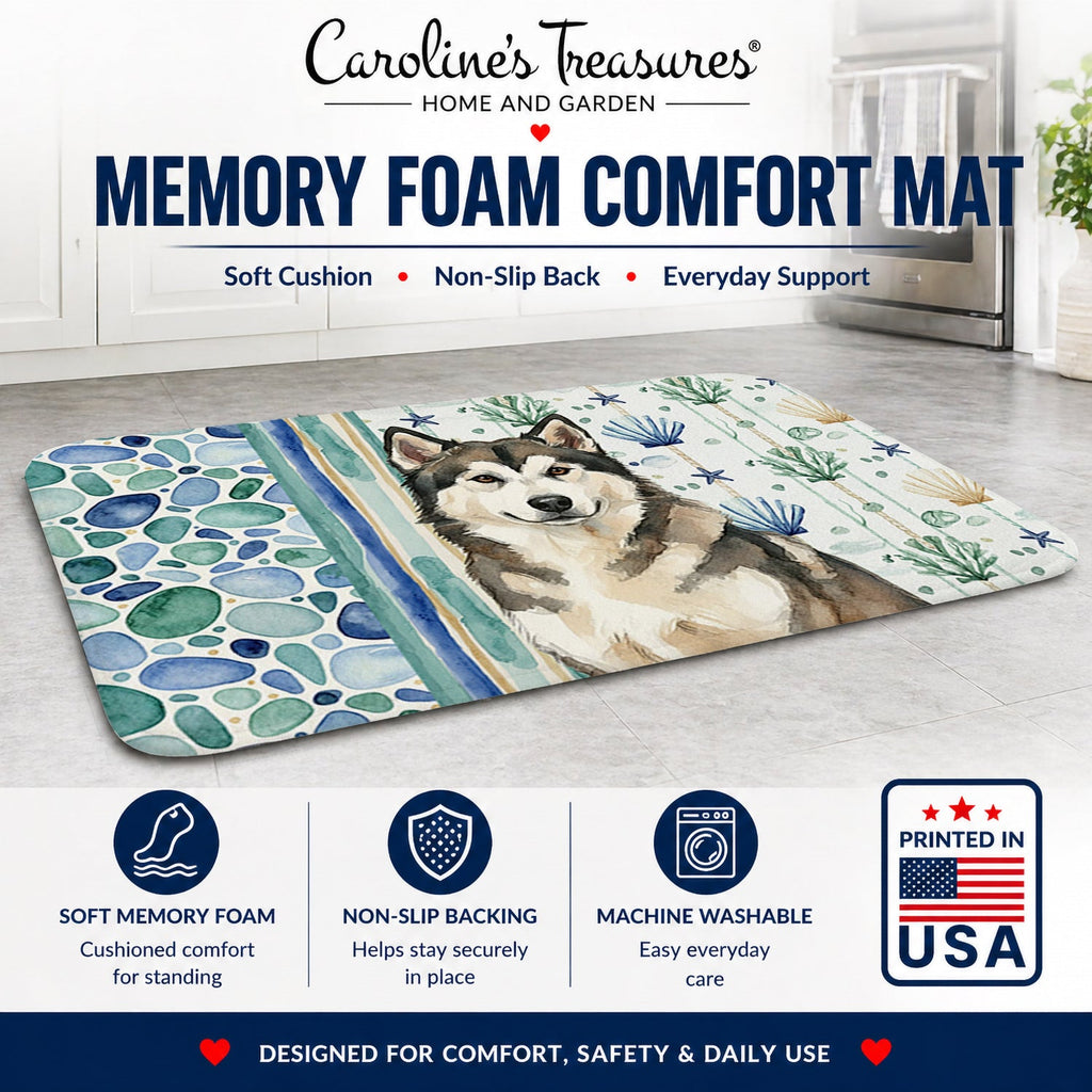 Sable and White Alaskan Malamute Coastal Sea Glass Memory Foam Kitchen Mat Machine Washable Anti-Fatigue Cushion Comfort Bath or Kitchen Rug