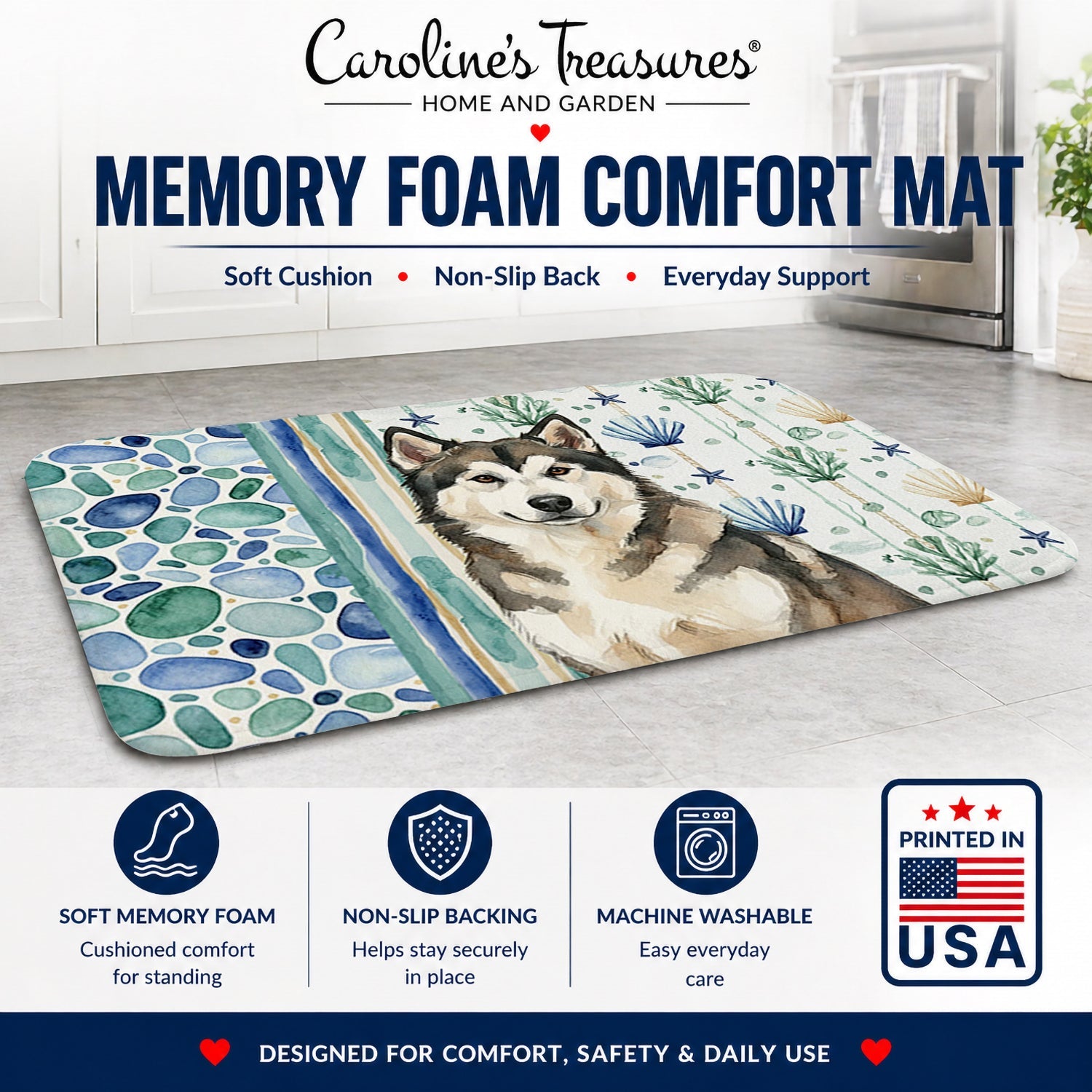 Sable and White Alaskan Malamute Coastal Sea Glass Memory Foam Kitchen Mat Machine Washable Anti-Fatigue Cushion Comfort Bath or Kitchen Rug