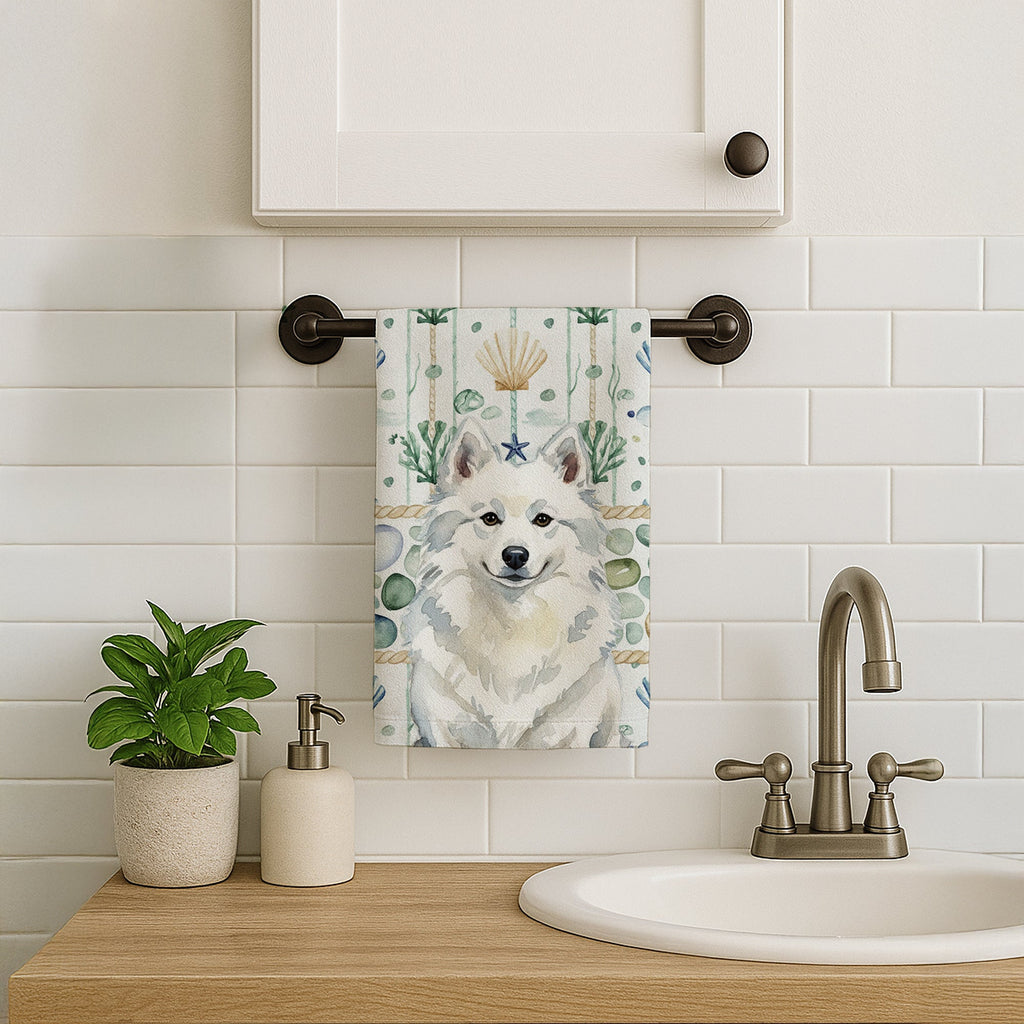 American Eskimo Coastal Sea Glass Kitchen Towel Velour Plush Front and Cotton Loop Back Machine Washable