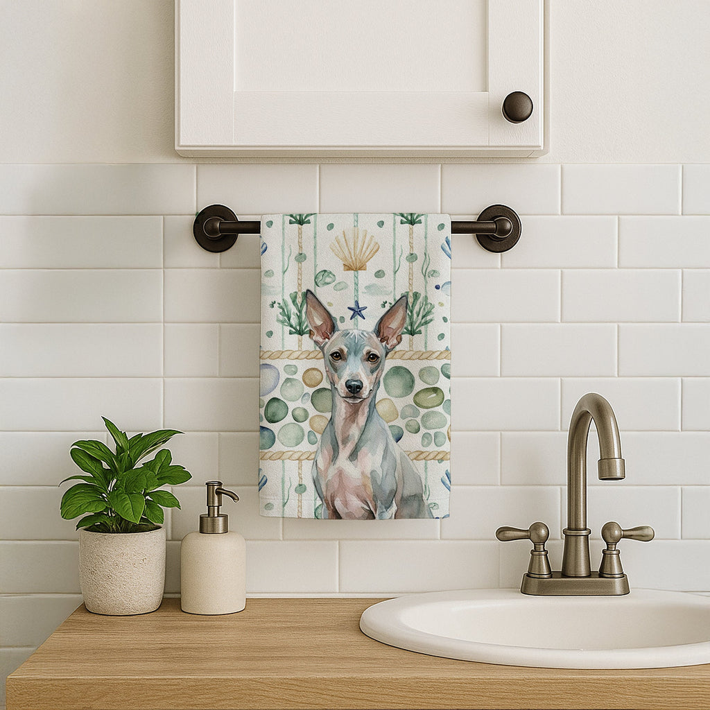 American Hairless Terrier Coastal Sea Glass Kitchen Towel Velour Plush Front and Cotton Loop Back Machine Washable