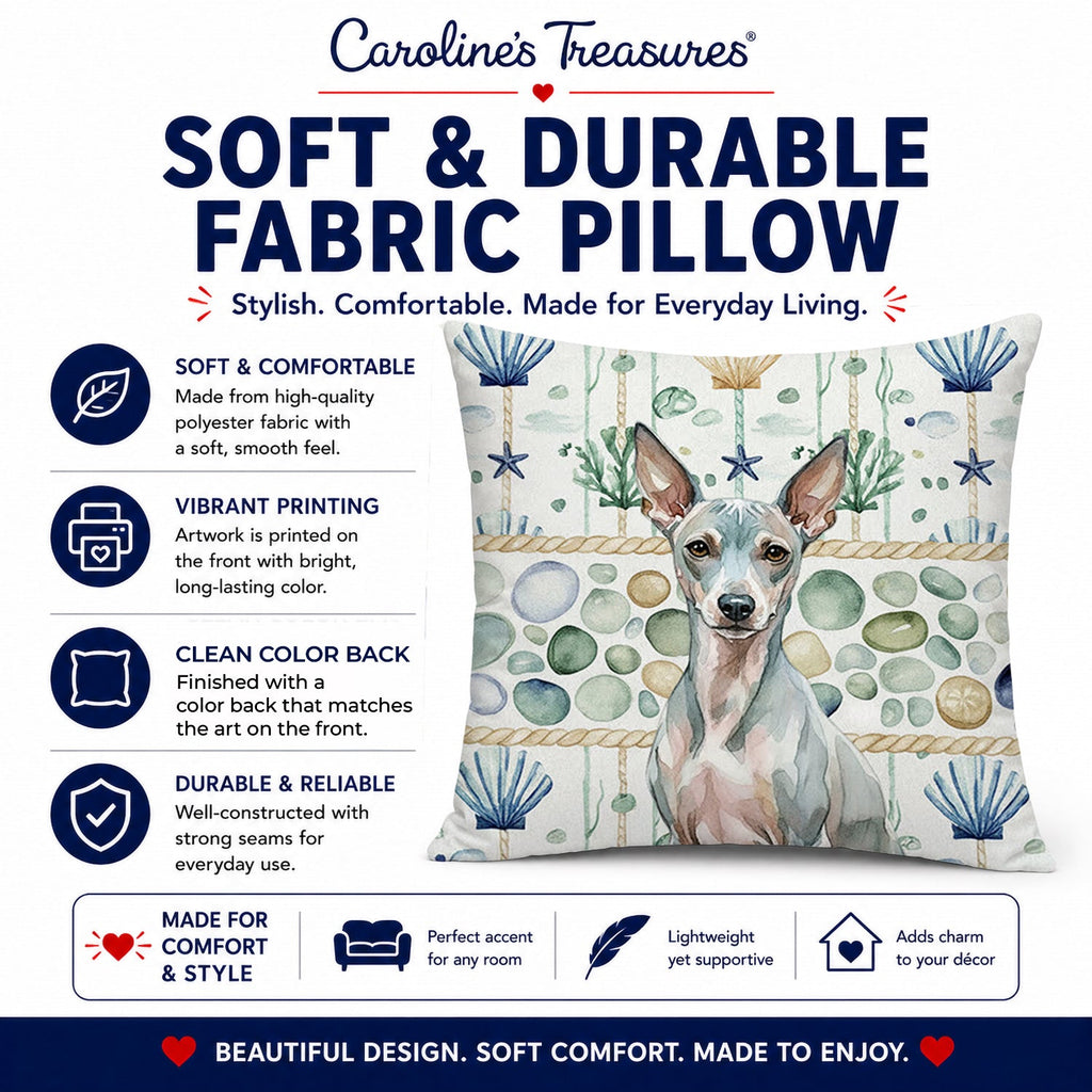 American Hairless Terrier Coastal Sea Glass Decorative Throw Pillow 18x18 Indoor Outdoor Accent Cushion, Fabric Cover with Insert for Sofa, Bed, Porch & Living Room