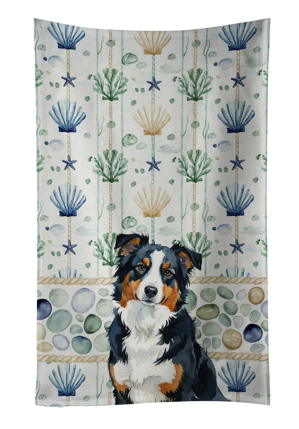 Black Tri American Shepherd Coastal Sea Glass Kitchen Towel Velour Plush Front and Cotton Loop Back Machine Washable