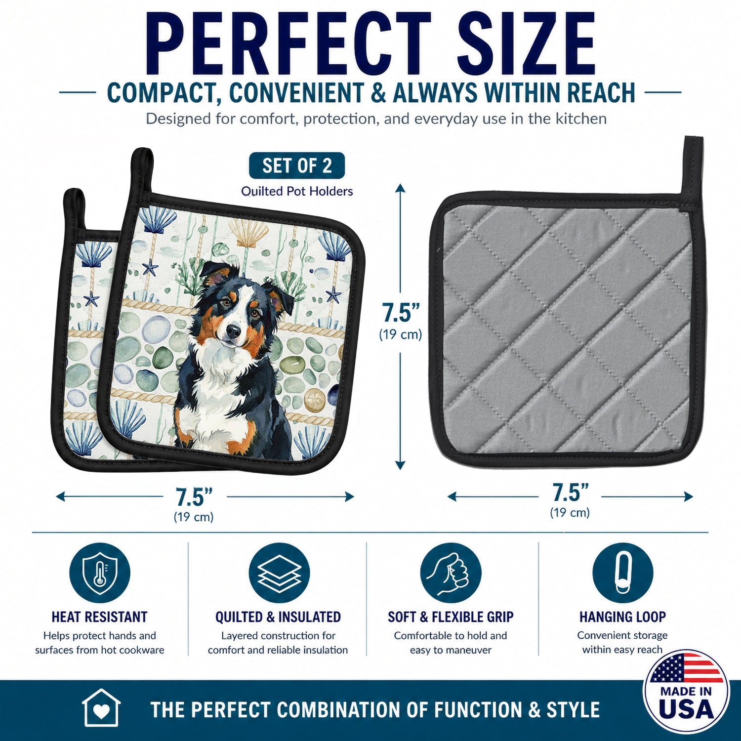 Black Tri American Shepherd Coastal Sea Glass Pot Holder Set of 2 Heat Resistant Quilted Hot Pads 7.5 x 7.5 Inch, Insulated Kitchen Trivets for Cooking & Baking