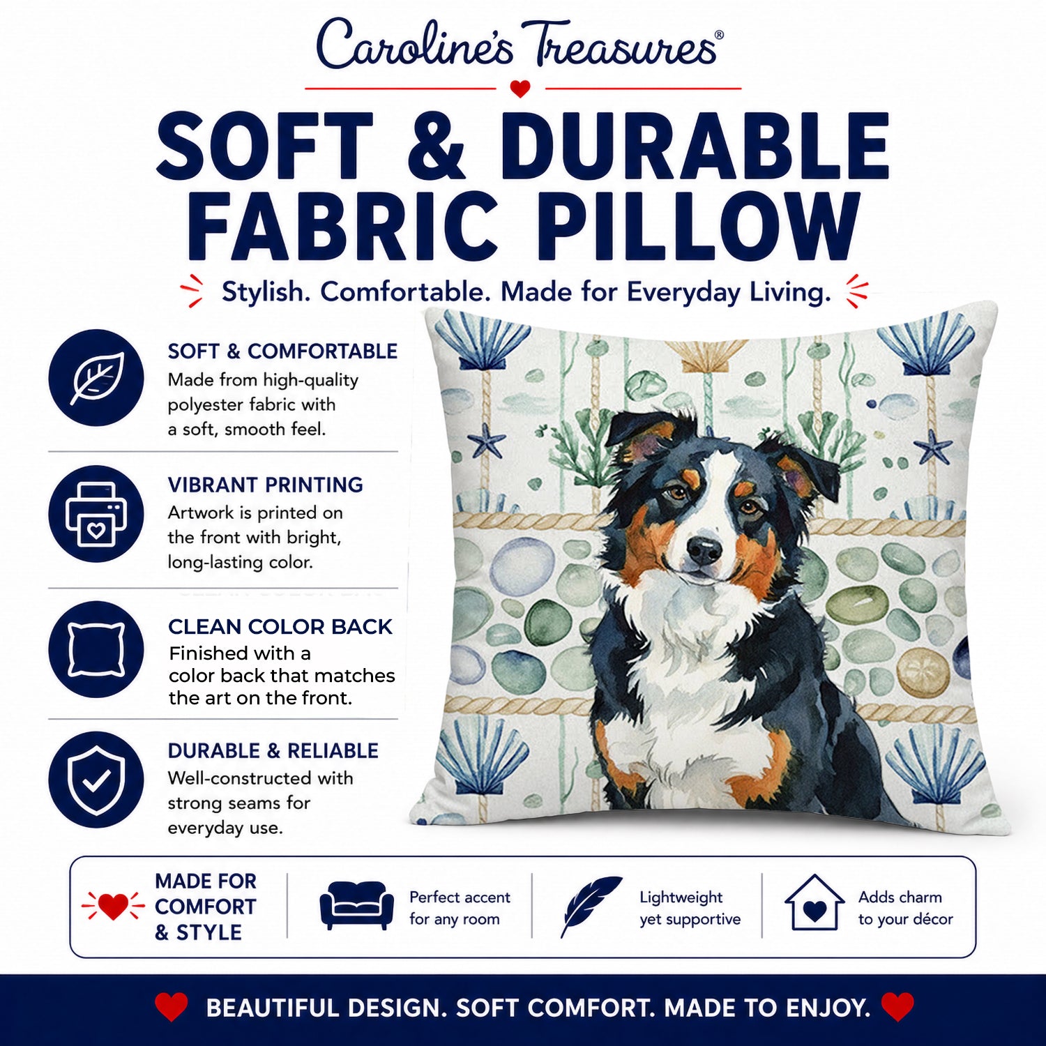 Black Tri American Shepherd Coastal Sea Glass Decorative Throw Pillow 18x18 Indoor Outdoor Accent Cushion, Fabric Cover with Insert for Sofa, Bed, Porch & Living Room