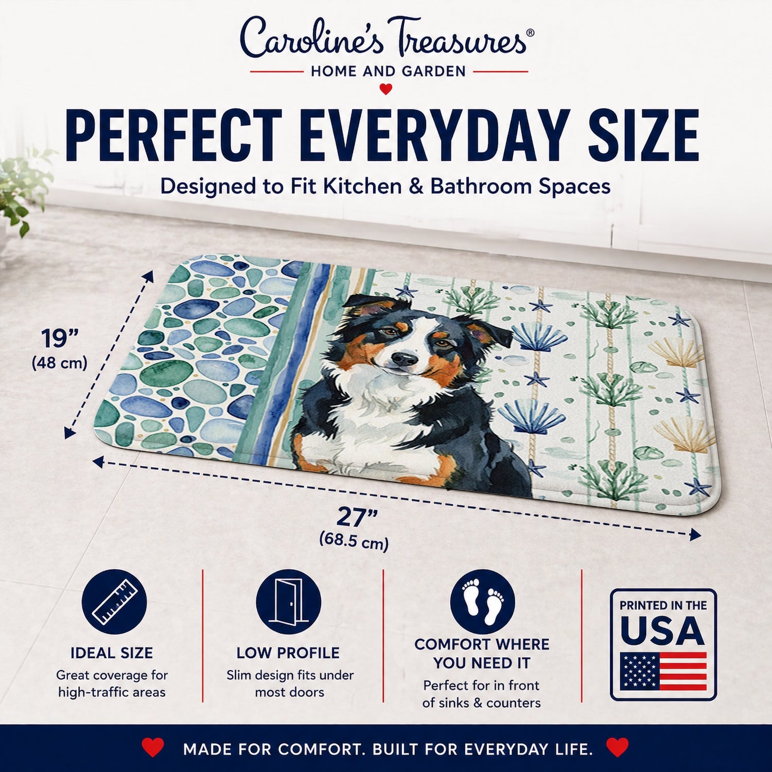 Black Tri American Shepherd Coastal Sea Glass Memory Foam Kitchen Mat Machine Washable Anti-Fatigue Cushion Comfort Bath or Kitchen Rug
