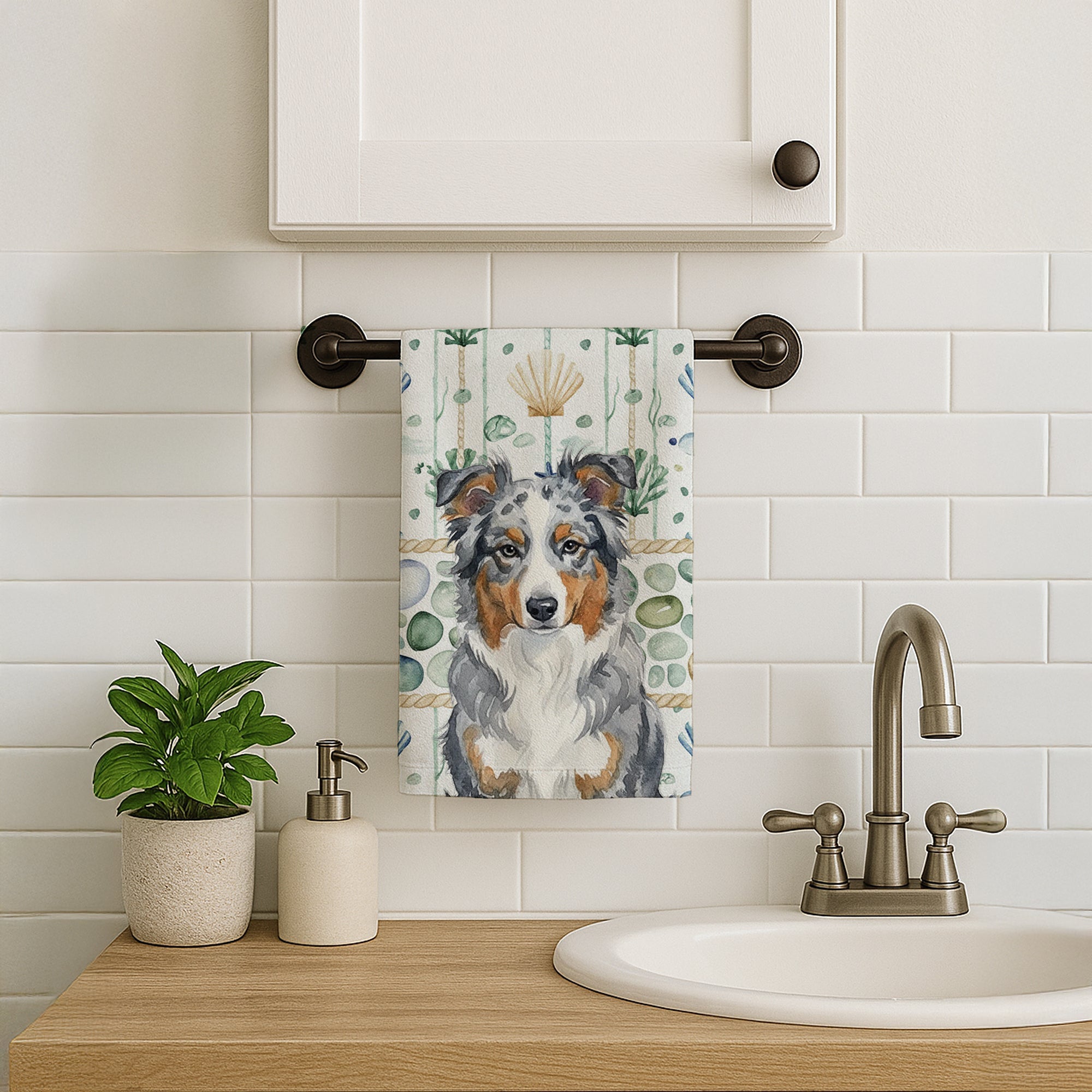 Blue Merle American Shepherd Coastal Sea Glass Kitchen Towel Velour Plush Front and Cotton Loop Back Machine Washable