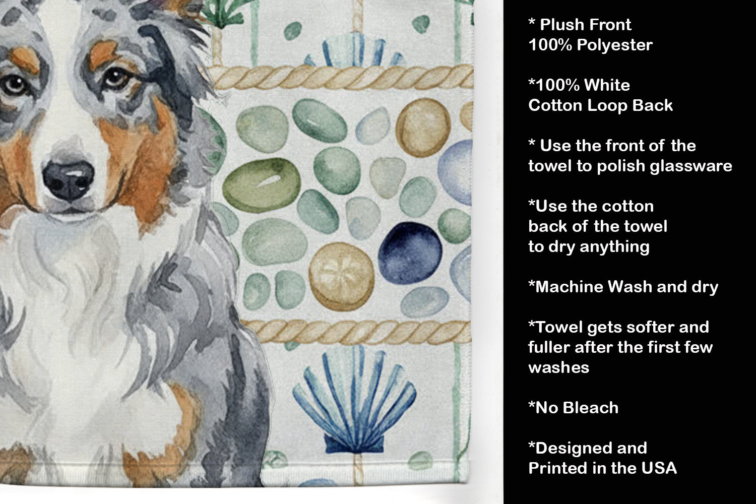 Blue Merle American Shepherd Coastal Sea Glass Kitchen Towel Velour Plush Front and Cotton Loop Back Machine Washable