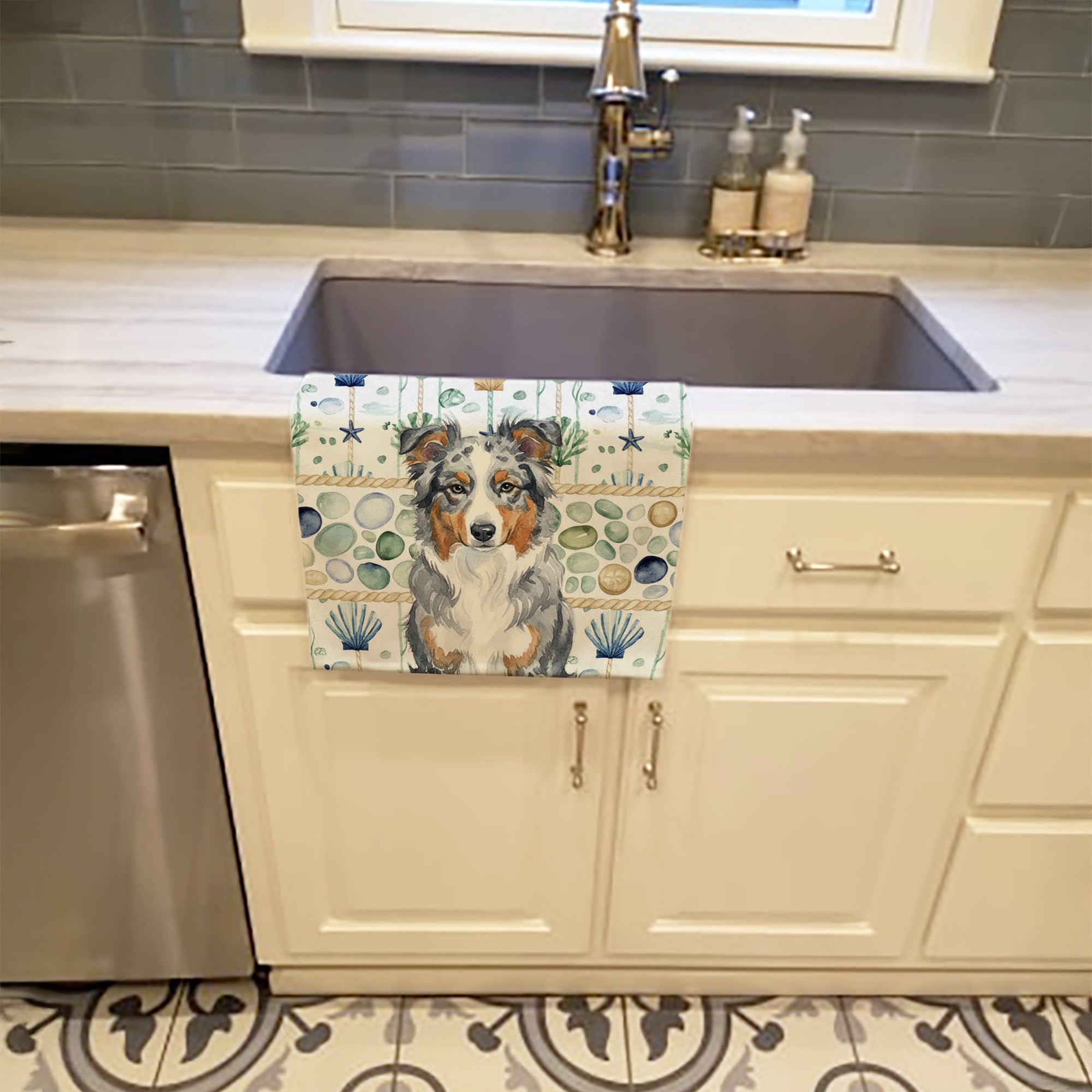 Blue Merle American Shepherd Coastal Sea Glass Kitchen Towel Velour Plush Front and Cotton Loop Back Machine Washable