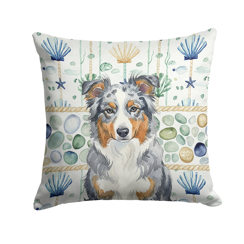 Blue Merle American Shepherd Coastal Sea Glass Decorative Throw Pillow 14x14 Indoor Outdoor Accent Cushion, Fabric Cover with Insert for Sofa, Bed, Porch & Living Room