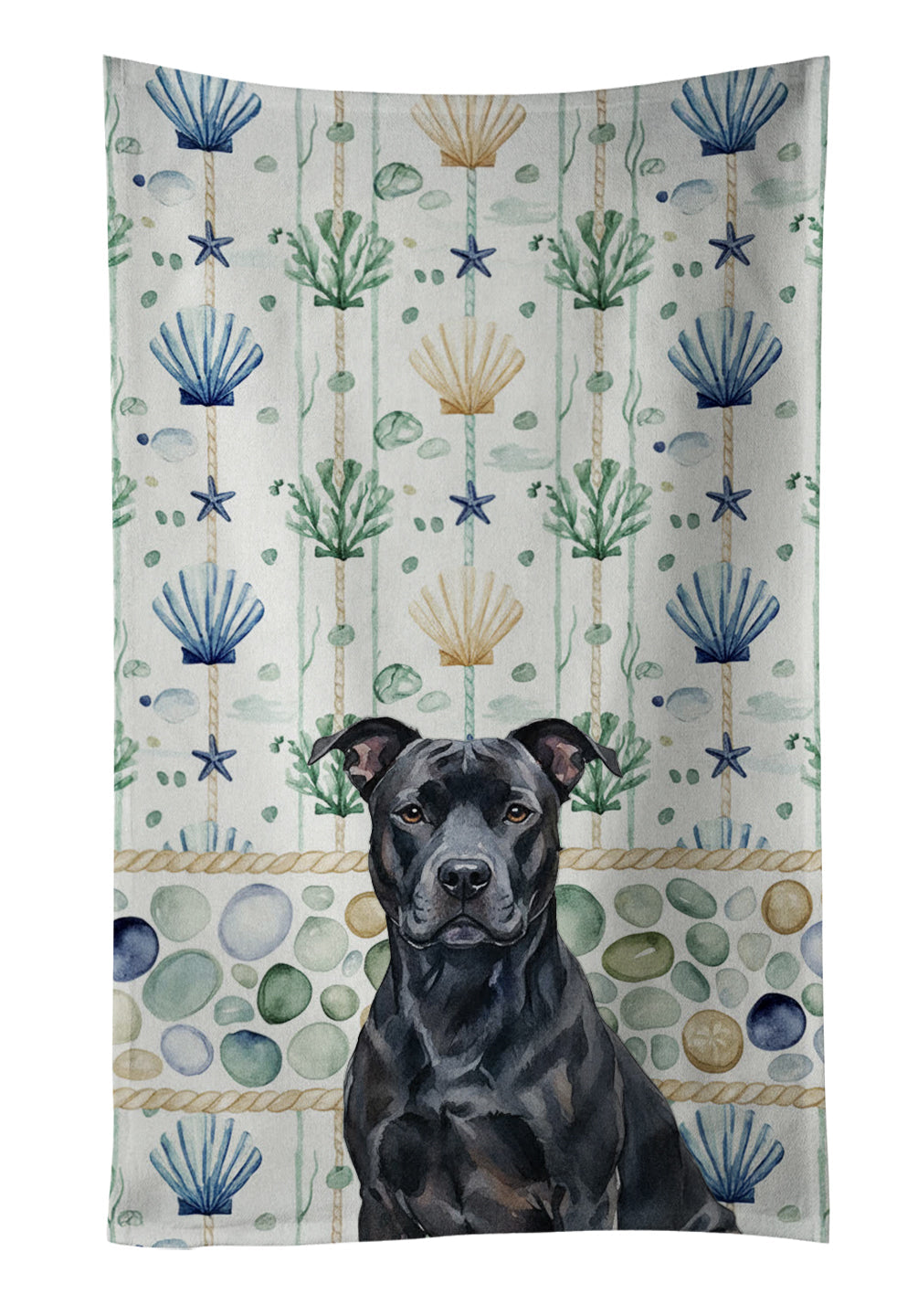 Black American Staffordshire Terrier Coastal Sea Glass Kitchen Towel Velour Plush Front and Cotton Loop Back Machine Washable