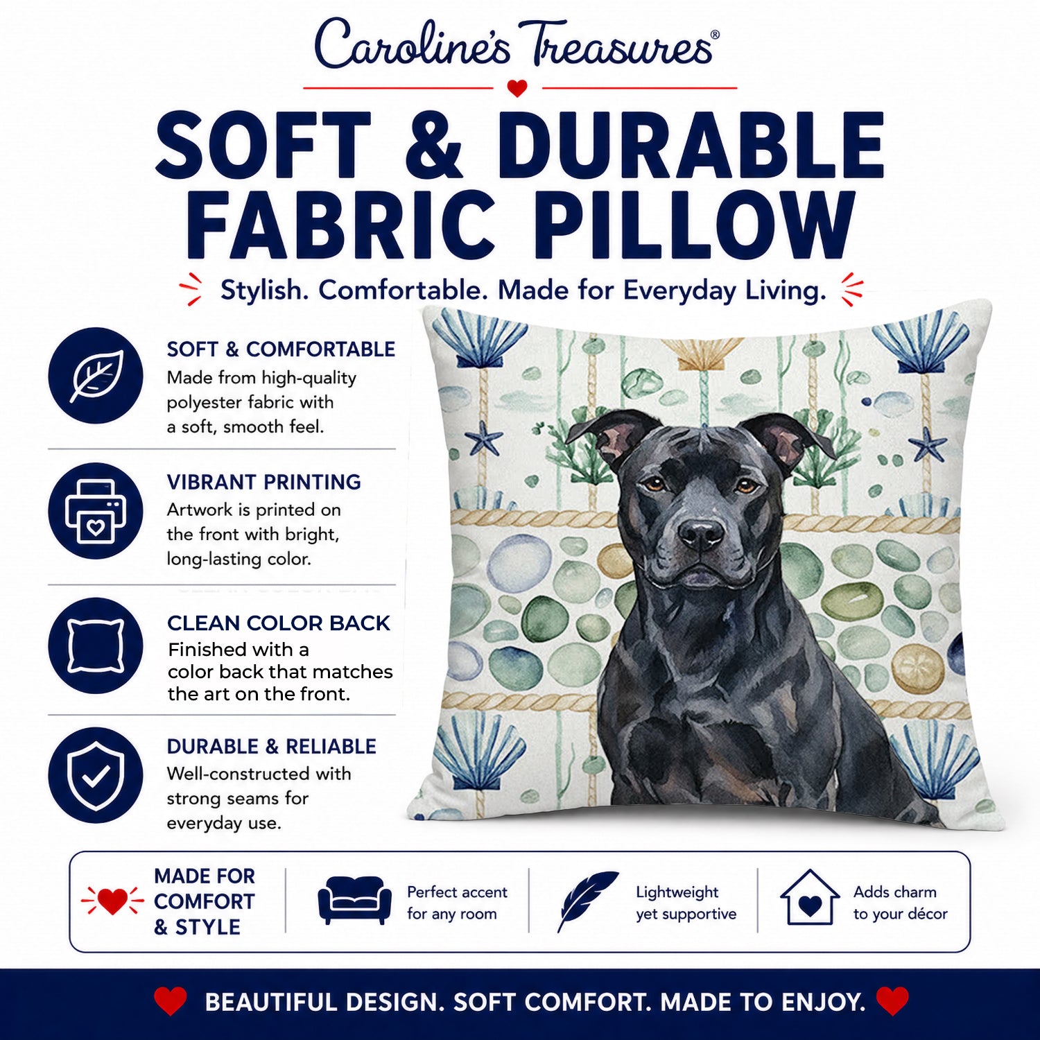Black American Staffordshire Terrier Coastal Sea Glass Decorative Throw Pillow 14x14 Indoor Outdoor Accent Cushion, Fabric Cover with Insert for Sofa, Bed, Porch & Living Room