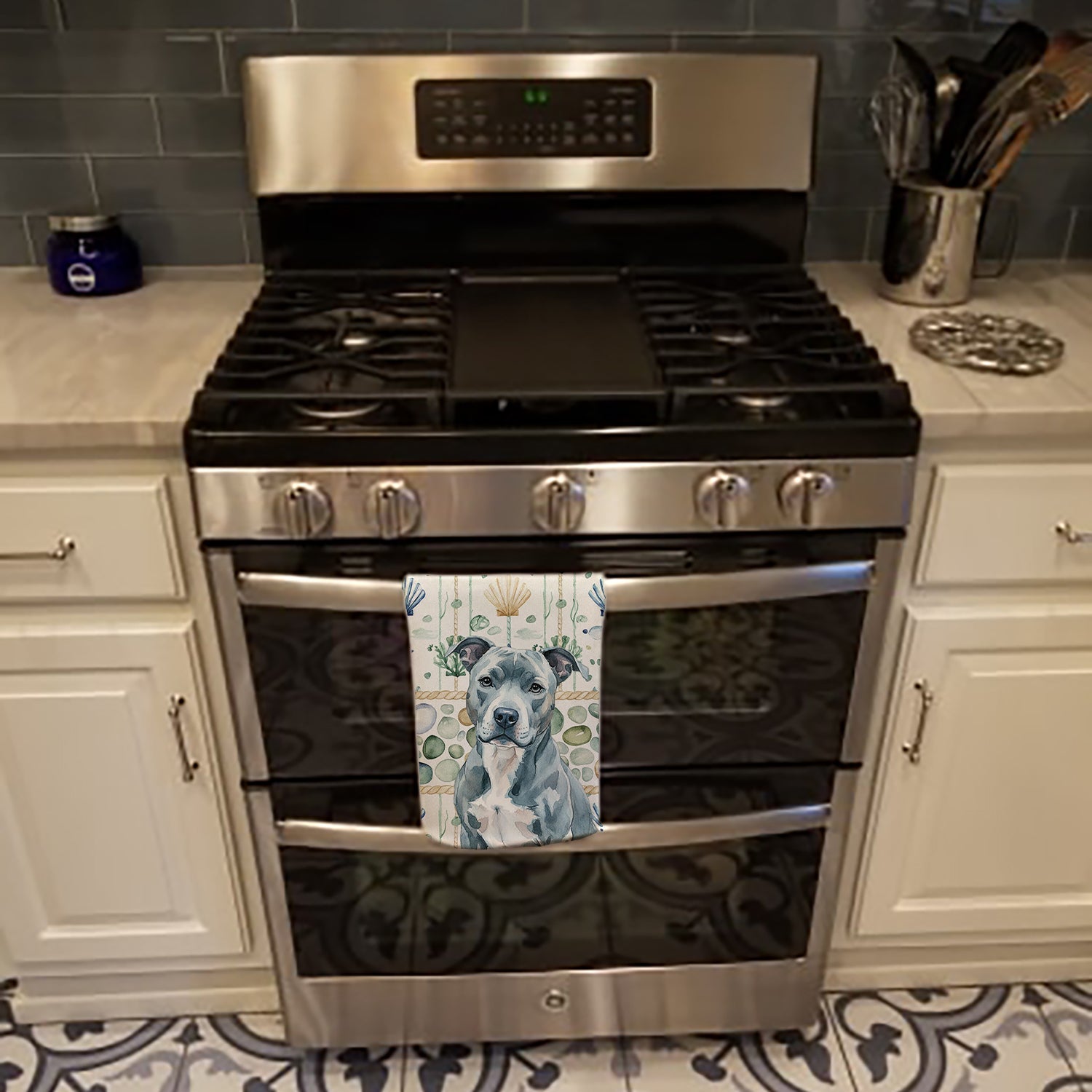 Blue American Staffordshire Terrier Coastal Sea Glass Kitchen Towel Velour Plush Front and Cotton Loop Back Machine Washable