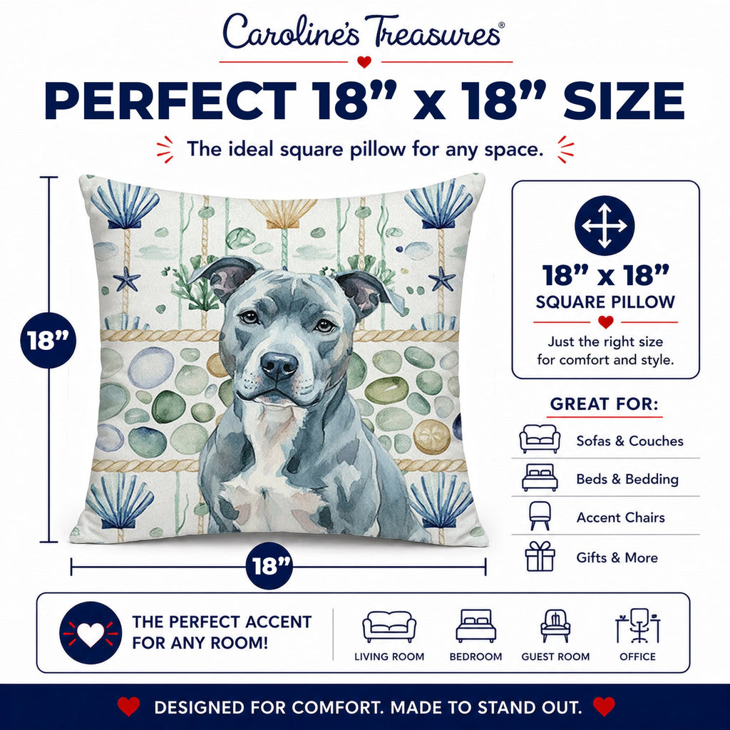 Blue American Staffordshire Terrier Coastal Sea Glass Decorative Throw Pillow 18x18 Indoor Outdoor Accent Cushion, Fabric Cover with Insert for Sofa, Bed, Porch & Living Room