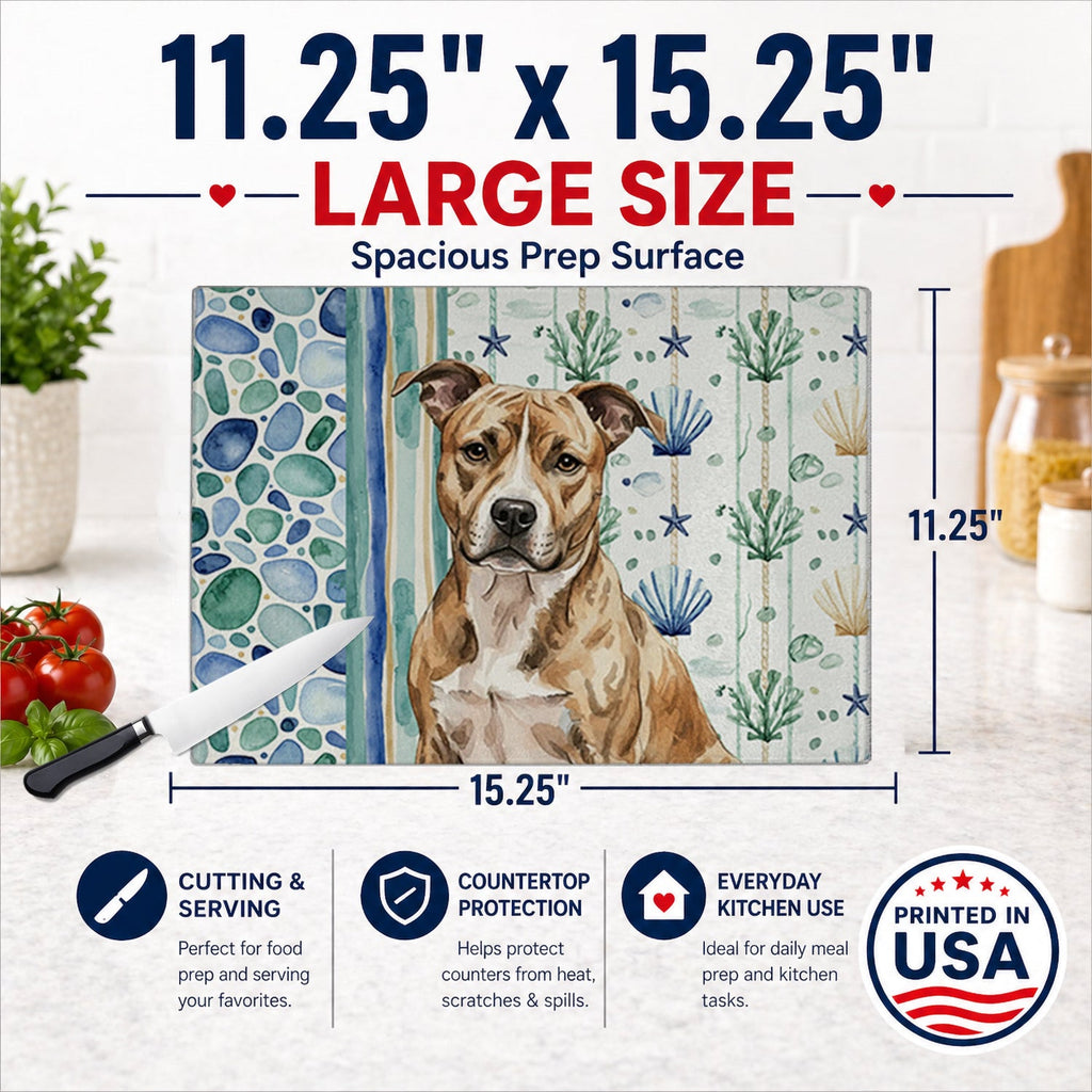 Brindle American Staffordshire Terrier Coastal Sea Glass Cutting Board Tempered Glass Kitchen Cutting Surface, Heat Resistant Chopping, Non-Slip Feet, Food Prep & Serving