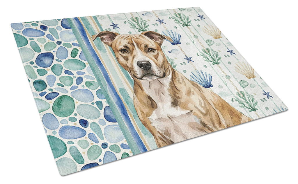Brindle American Staffordshire Terrier Coastal Sea Glass Cutting Board Tempered Glass Kitchen Cutting Surface, Heat Resistant Chopping, Non-Slip Feet, Food Prep & Serving