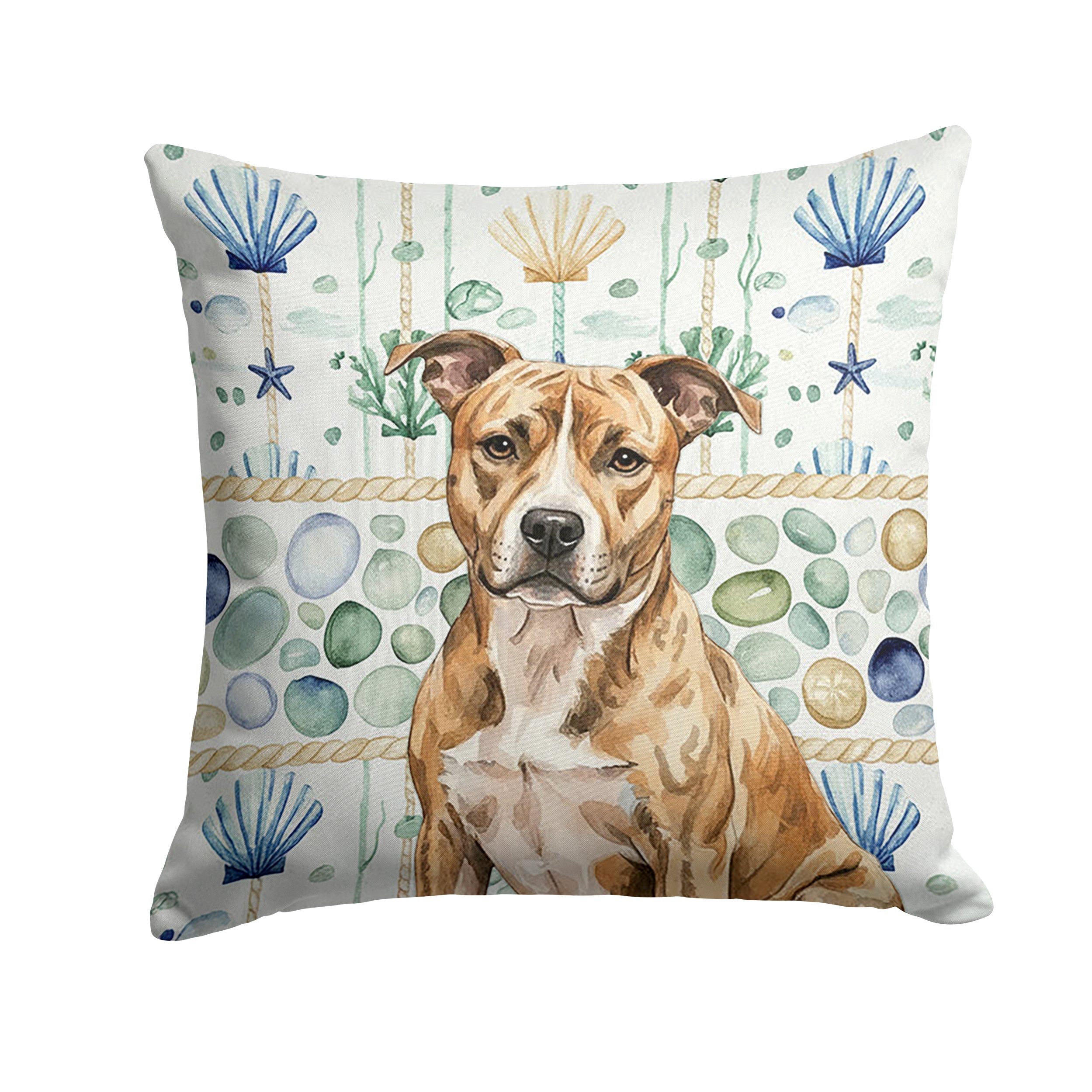 Brindle American Staffordshire Terrier Coastal Sea Glass Decorative Throw Pillow 14x14 Indoor Outdoor Accent Cushion, Fabric Cover with Insert for Sofa, Bed, Porch & Living Room
