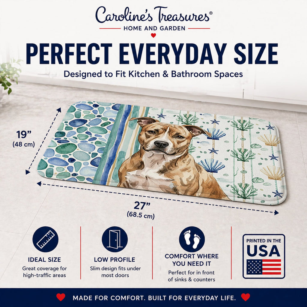 Brindle American Staffordshire Terrier Coastal Sea Glass Memory Foam Kitchen Mat Machine Washable Anti-Fatigue Cushion Comfort Bath or Kitchen Rug