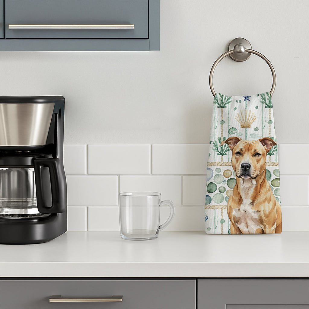 Fawn American Staffordshire Terrier Coastal Sea Glass Kitchen Towel Velour Plush Front and Cotton Loop Back Machine Washable