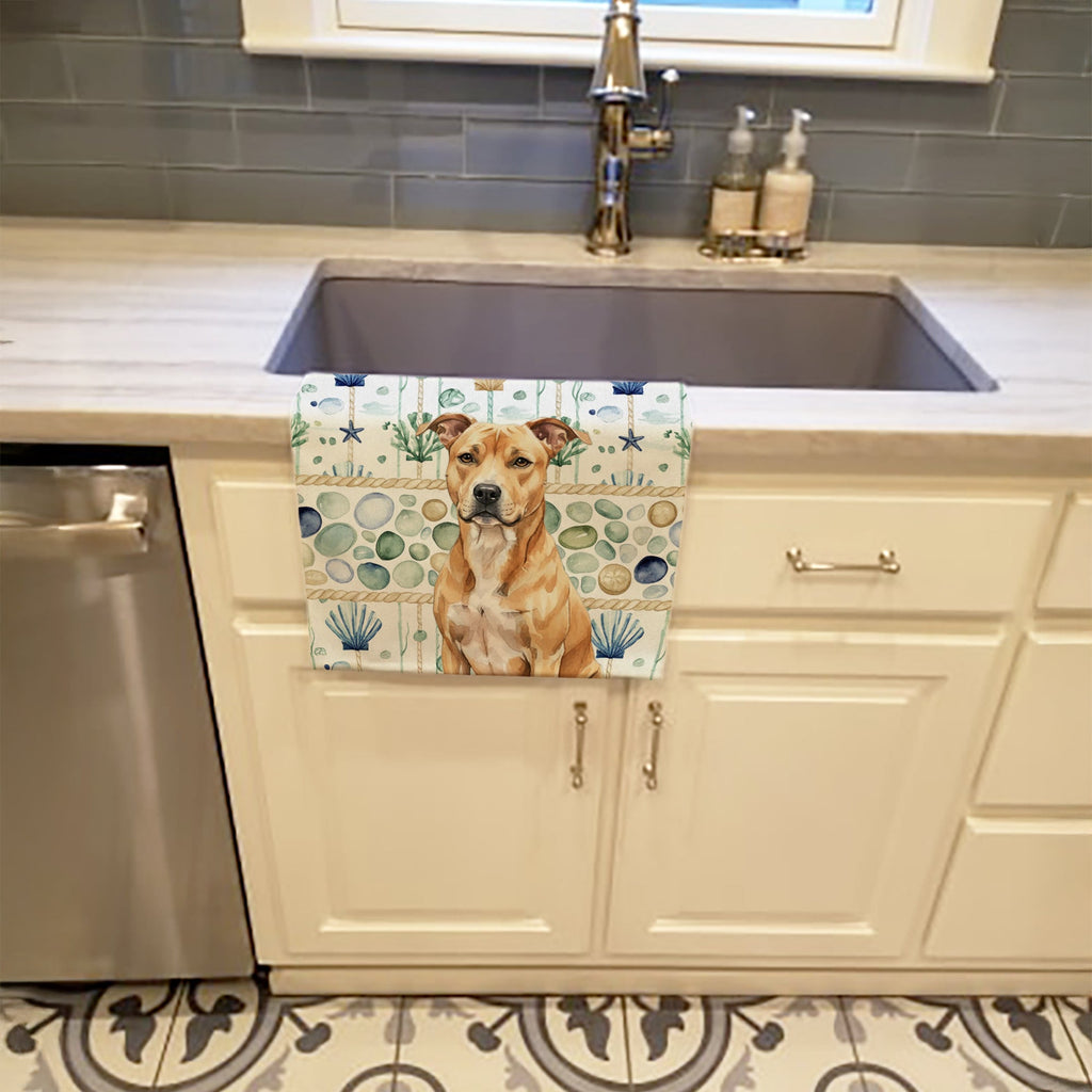 Fawn American Staffordshire Terrier Coastal Sea Glass Kitchen Towel Velour Plush Front and Cotton Loop Back Machine Washable