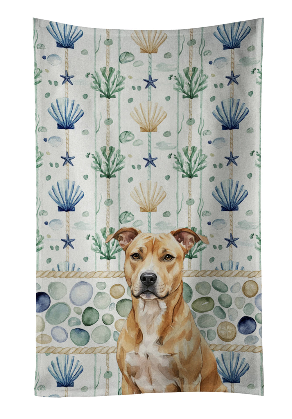 Fawn American Staffordshire Terrier Coastal Sea Glass Kitchen Towel Velour Plush Front and Cotton Loop Back Machine Washable