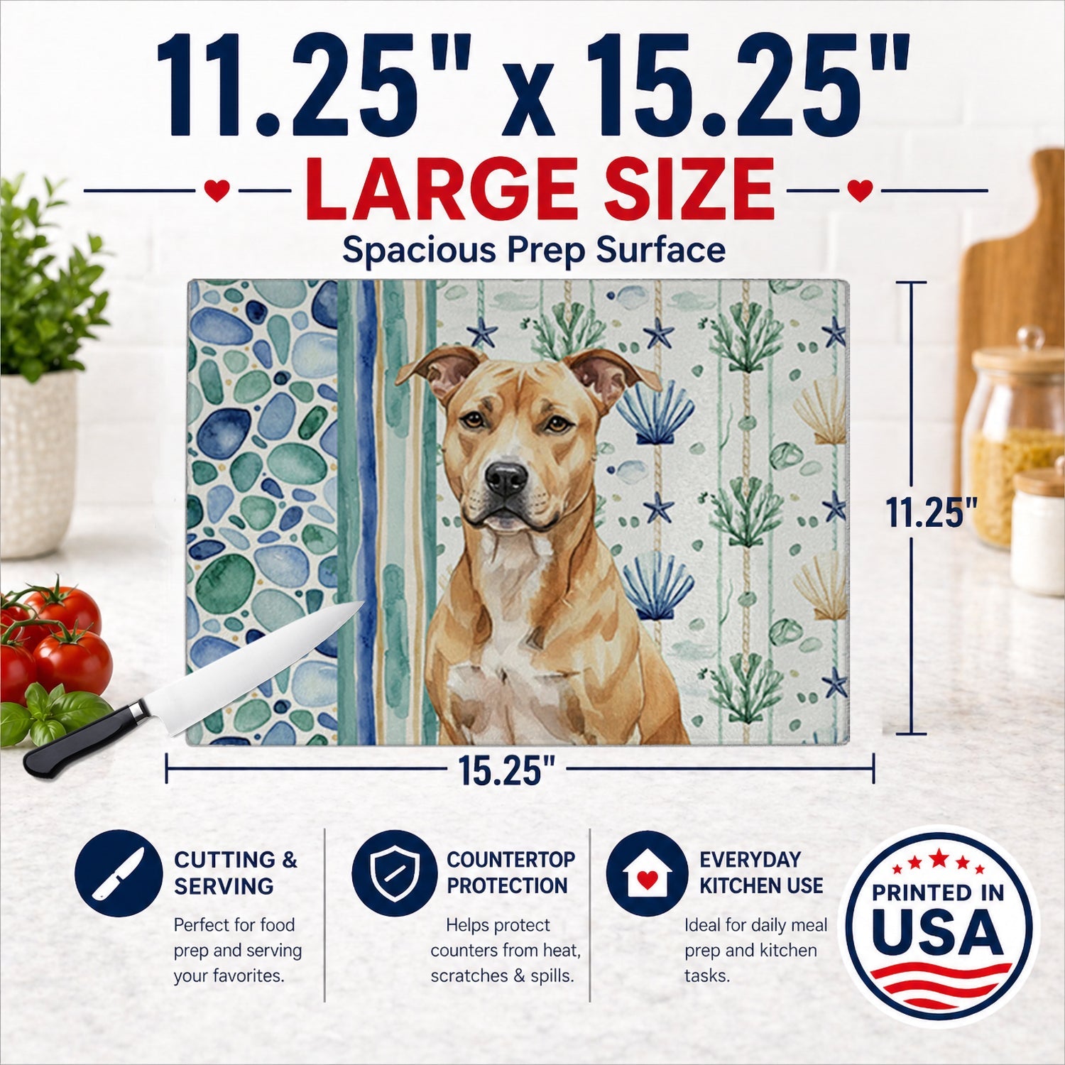 Fawn American Staffordshire Terrier Coastal Sea Glass Cutting Board Tempered Glass Kitchen Cutting Surface, Heat Resistant Chopping, Non-Slip Feet, Food Prep & Serving