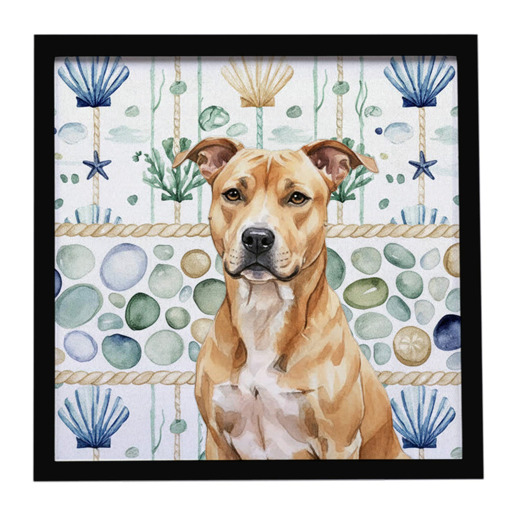 Fawn American Staffordshire Terrier Coastal Sea Glass Framed Metal Print Bathroom, Kitchen, Office, Home Decor Wall Art Ready to Hang, Square, 8X8