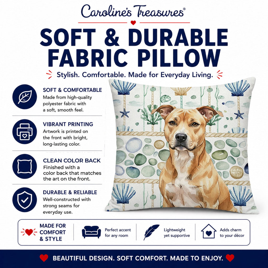 Fawn American Staffordshire Terrier Coastal Sea Glass Decorative Throw Pillow 14x14 Indoor Outdoor Accent Cushion, Fabric Cover with Insert for Sofa, Bed, Porch & Living Room
