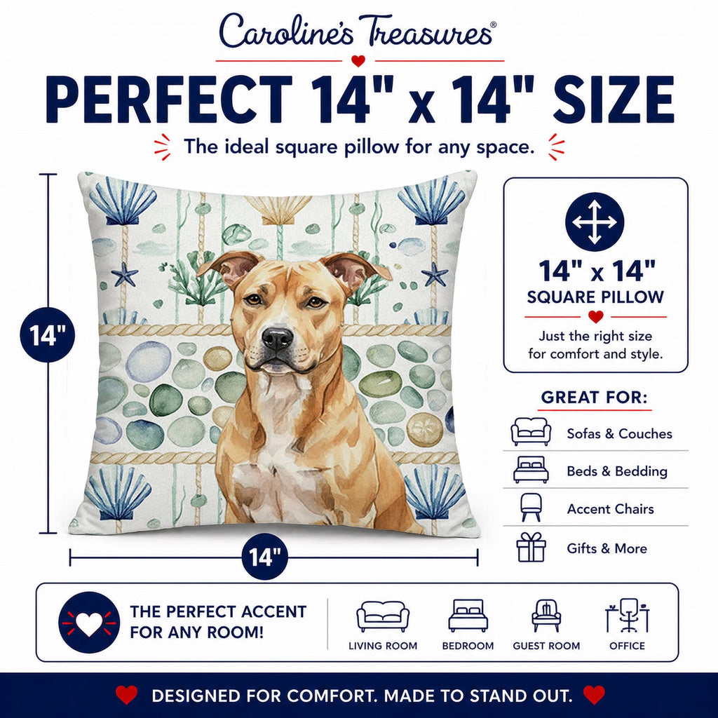 Fawn American Staffordshire Terrier Coastal Sea Glass Decorative Throw Pillow 14x14 Indoor Outdoor Accent Cushion, Fabric Cover with Insert for Sofa, Bed, Porch & Living Room