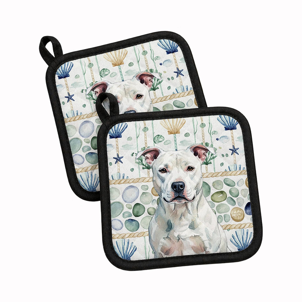 White American Staffordshire Terrier Coastal Sea Glass Pot Holder Set of 2 Heat Resistant Quilted Hot Pads 7.5 x 7.5 Inch, Insulated Kitchen Trivets for Cooking & Baking