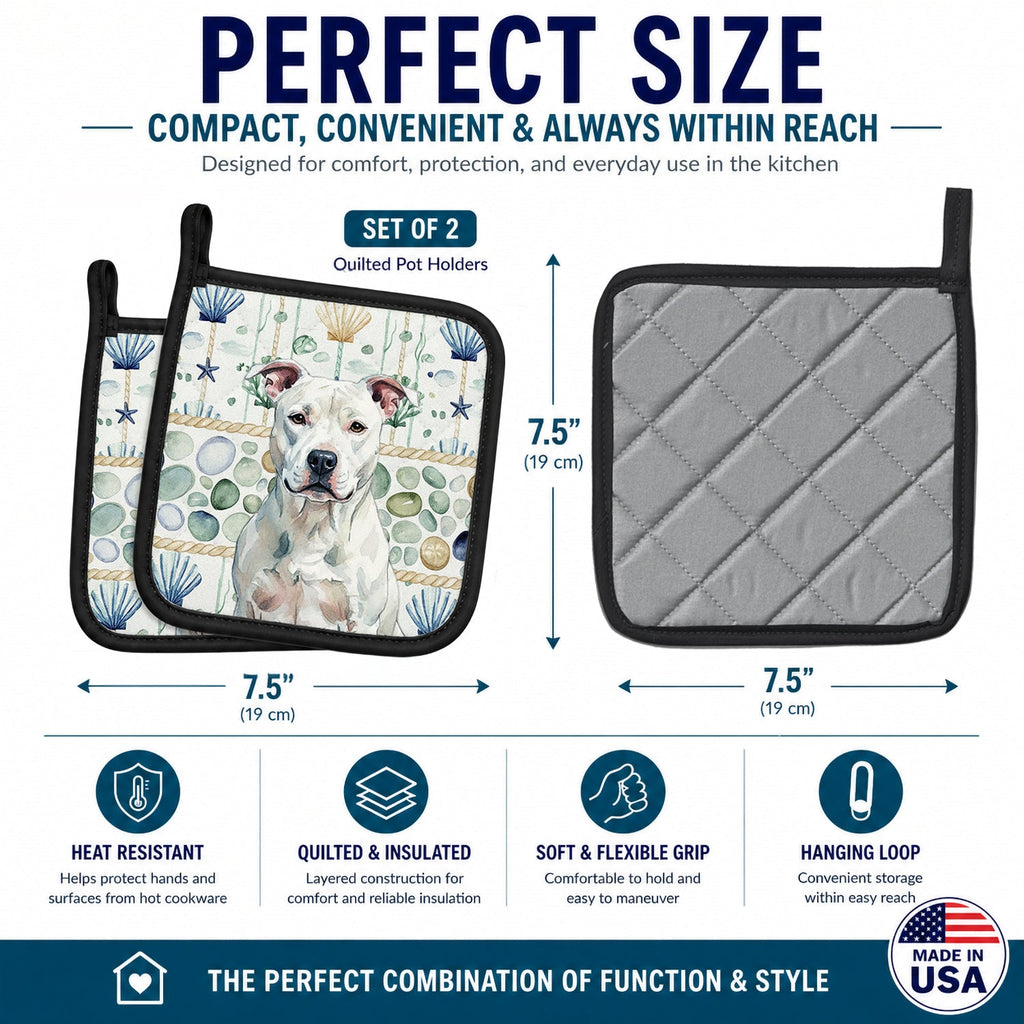 White American Staffordshire Terrier Coastal Sea Glass Pot Holder Set of 2 Heat Resistant Quilted Hot Pads 7.5 x 7.5 Inch, Insulated Kitchen Trivets for Cooking & Baking