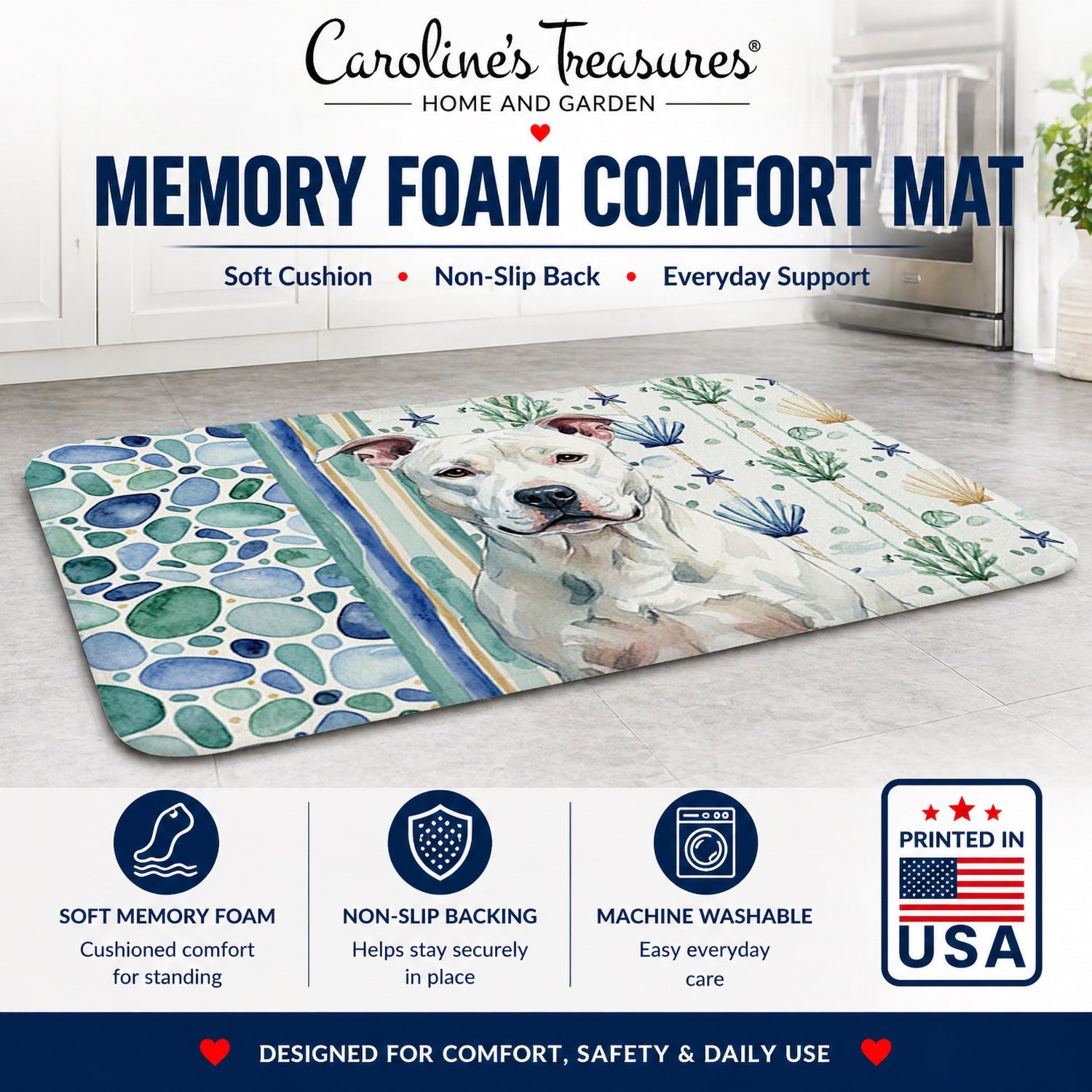 White American Staffordshire Terrier Coastal Sea Glass Memory Foam Kitchen Mat Machine Washable Anti-Fatigue Cushion Comfort Bath or Kitchen Rug