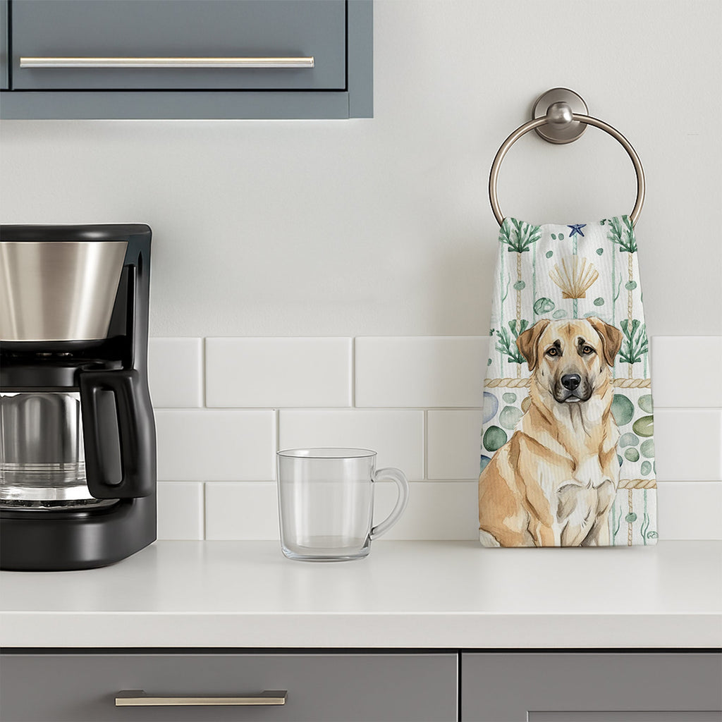 Anatolian Shepherd Dog Coastal Sea Glass Kitchen Towel Velour Plush Front and Cotton Loop Back Machine Washable