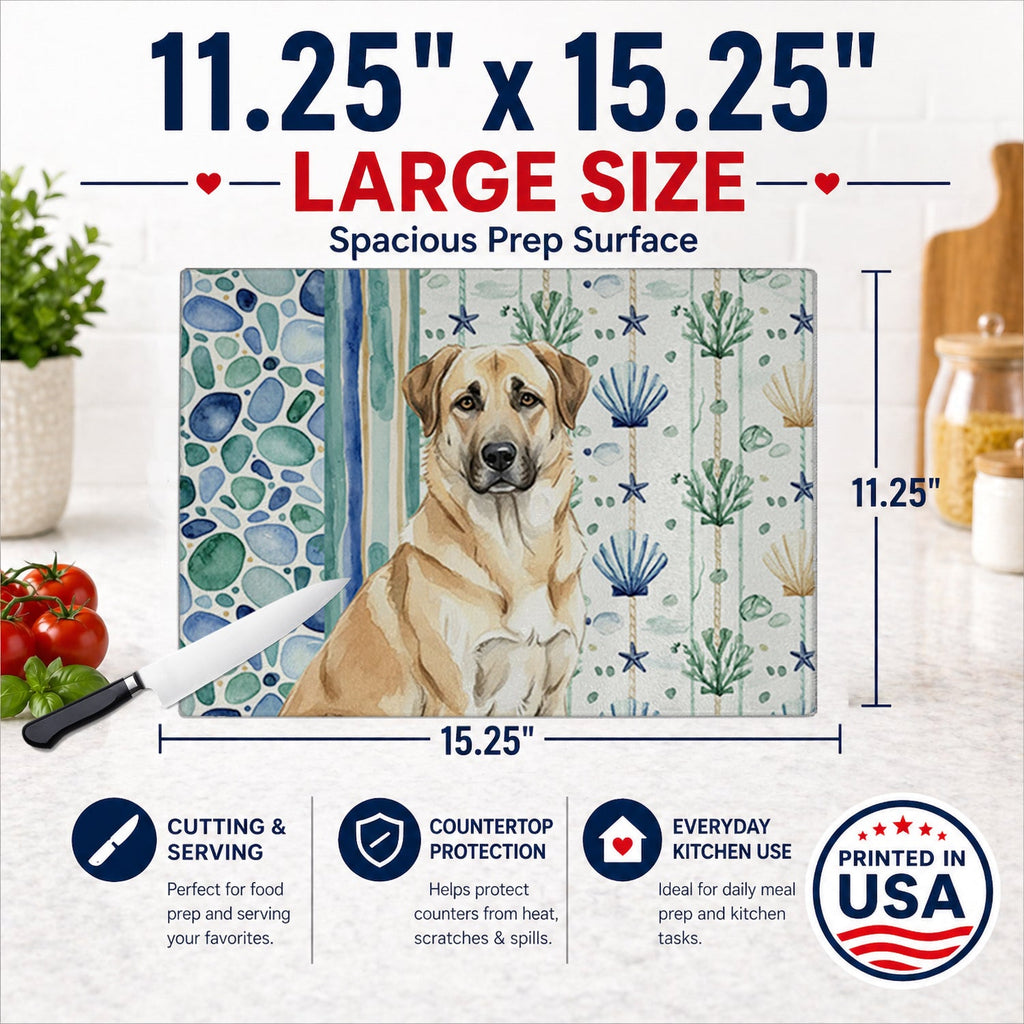 Anatolian Shepherd Dog Coastal Sea Glass Cutting Board Tempered Glass Kitchen Cutting Surface, Heat Resistant Chopping, Non-Slip Feet, Food Prep & Serving